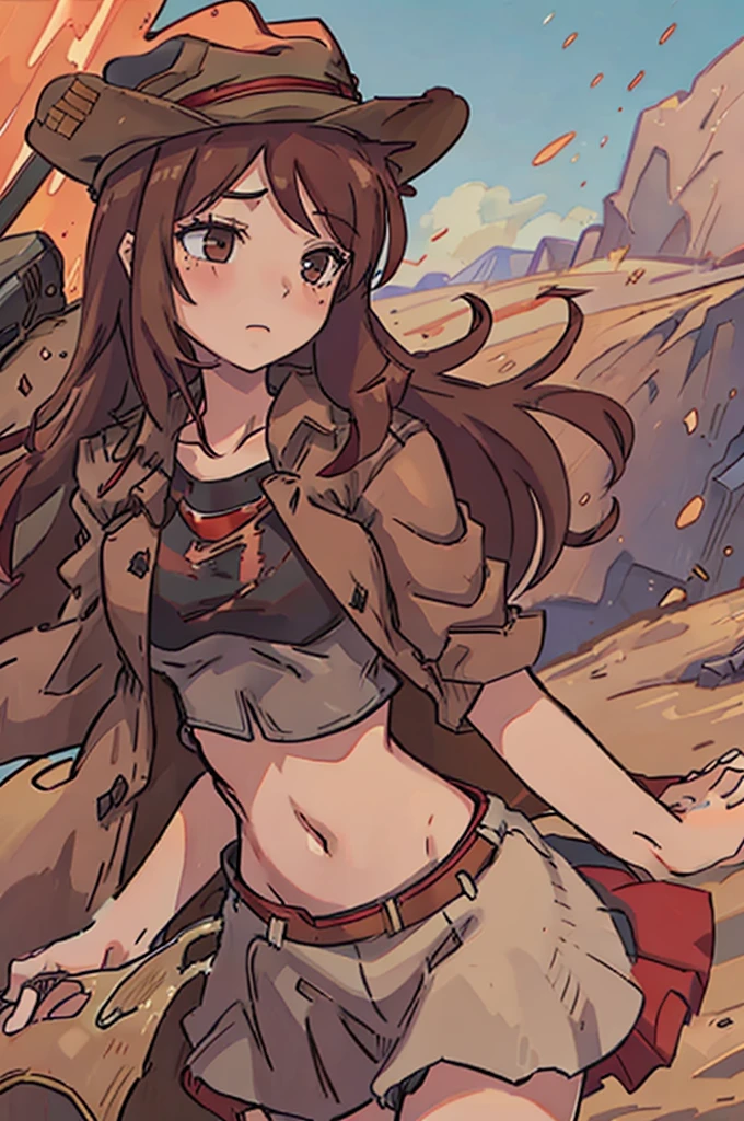 girl, red hair, ((long brown coat)), cowboy hat, desert, skirt, midriff