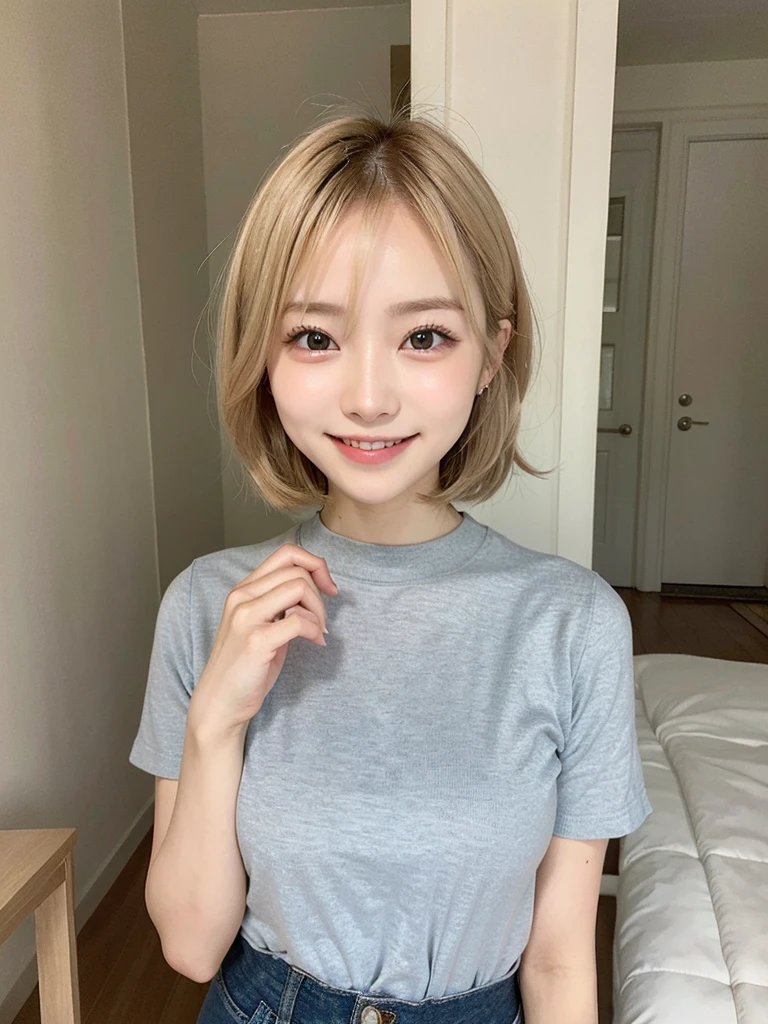 masutepiece、Casual clothing、short-hair、Transcendent beauty、The most beautiful girl、Super Detail、Smiling、Blonde Gal、Healthy tanning scars、the tips of the hair are red