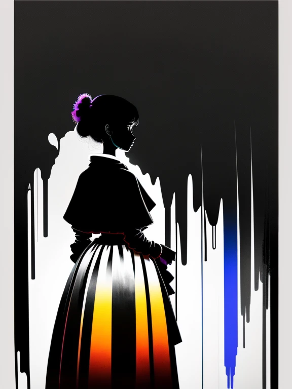 Créez une image avec un fond noir où une personne est présente. La personne doit être vêtue de manière distinctive avec des couleurs vives, contrastant fortement avec le fond noir. Assurez-vous que la personne-même est également rendue en noir, créant ainsi un contraste marqué entre la silhouette sombre de la personne et ses vêtements colorés. Soyez créatif dans le choix des vêtements et des poses pour maximiser l'impact visuel de cette composition.