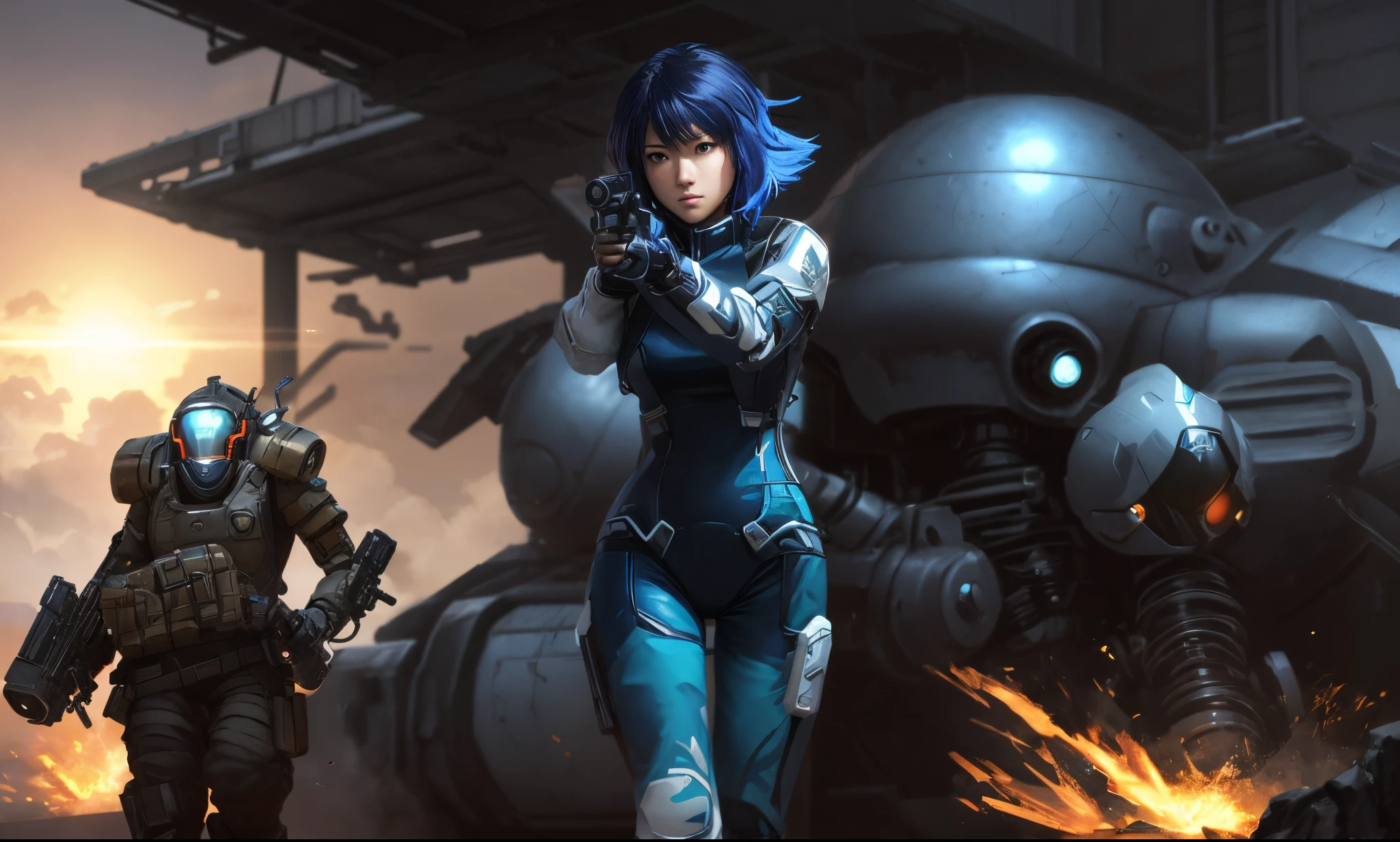 anime character with a gun in his hand and a robot in the background, mechanized soldier girl, Epic sci-fi character art, Epic sci-fi character graphics, Epic sci-fi character art, Motoko Kusanagi, inspired by Leng Mei, high quality digital concept art, infantry girl, fubuki, makoto sinkai ( Apex Legends )