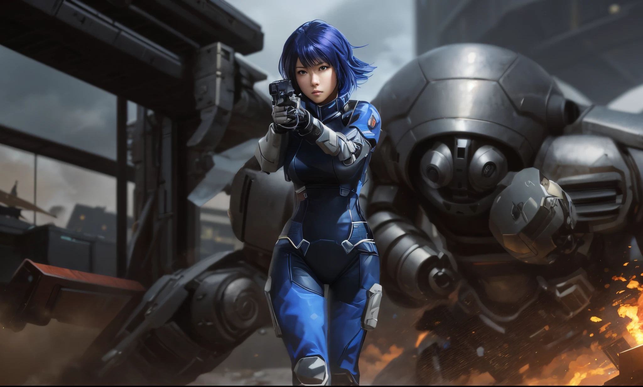 anime character with a gun in his hand and a robot in the background, mechanized soldier girl, Epic sci-fi character art, Epic sci-fi character graphics, Epic sci-fi character art, Motoko Kusanagi, inspired by Leng Mei, high quality digital concept art, infantry girl, fubuki, makoto sinkai ( Apex Legends )