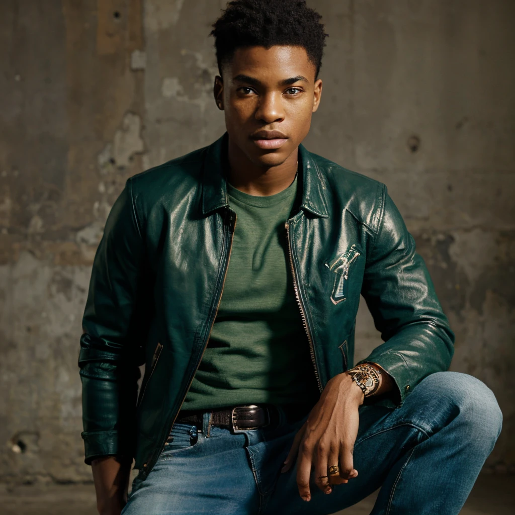 A young African American cyborg on green shirt, brown leather jacket and blue jeans putting on Jordan's