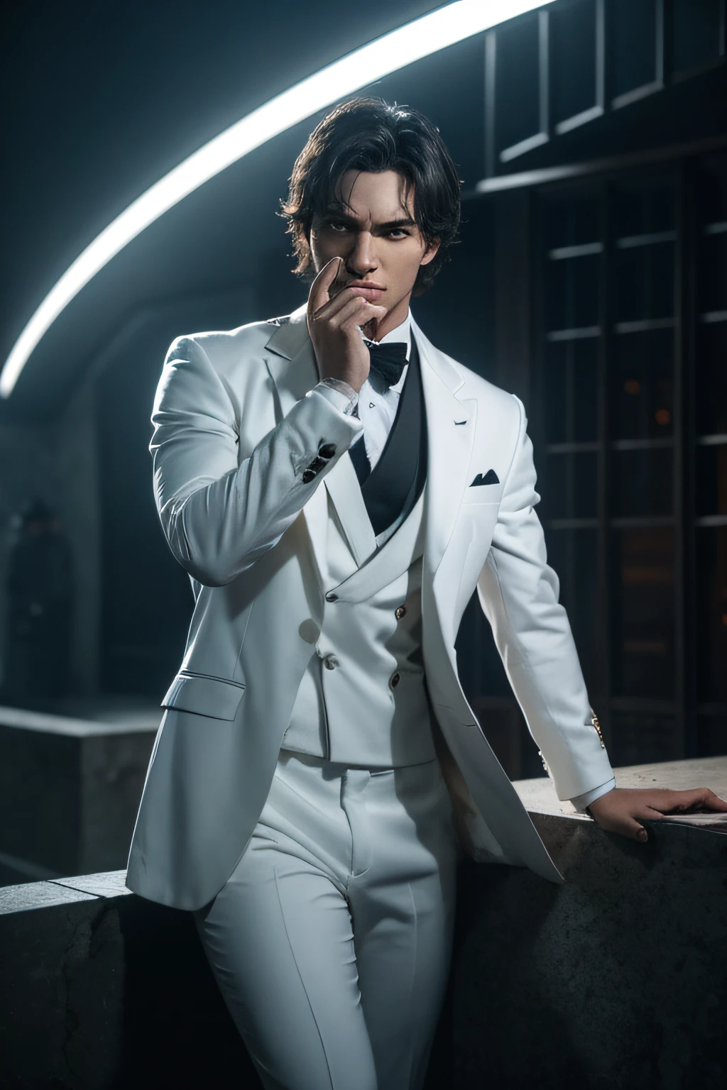 thriller, stormy, a mysterious agent with a white suit and a scar on his face who can disappear from the minimap for a few seconds, a mansion with traps and enemies from Free Fire, 16k, dark