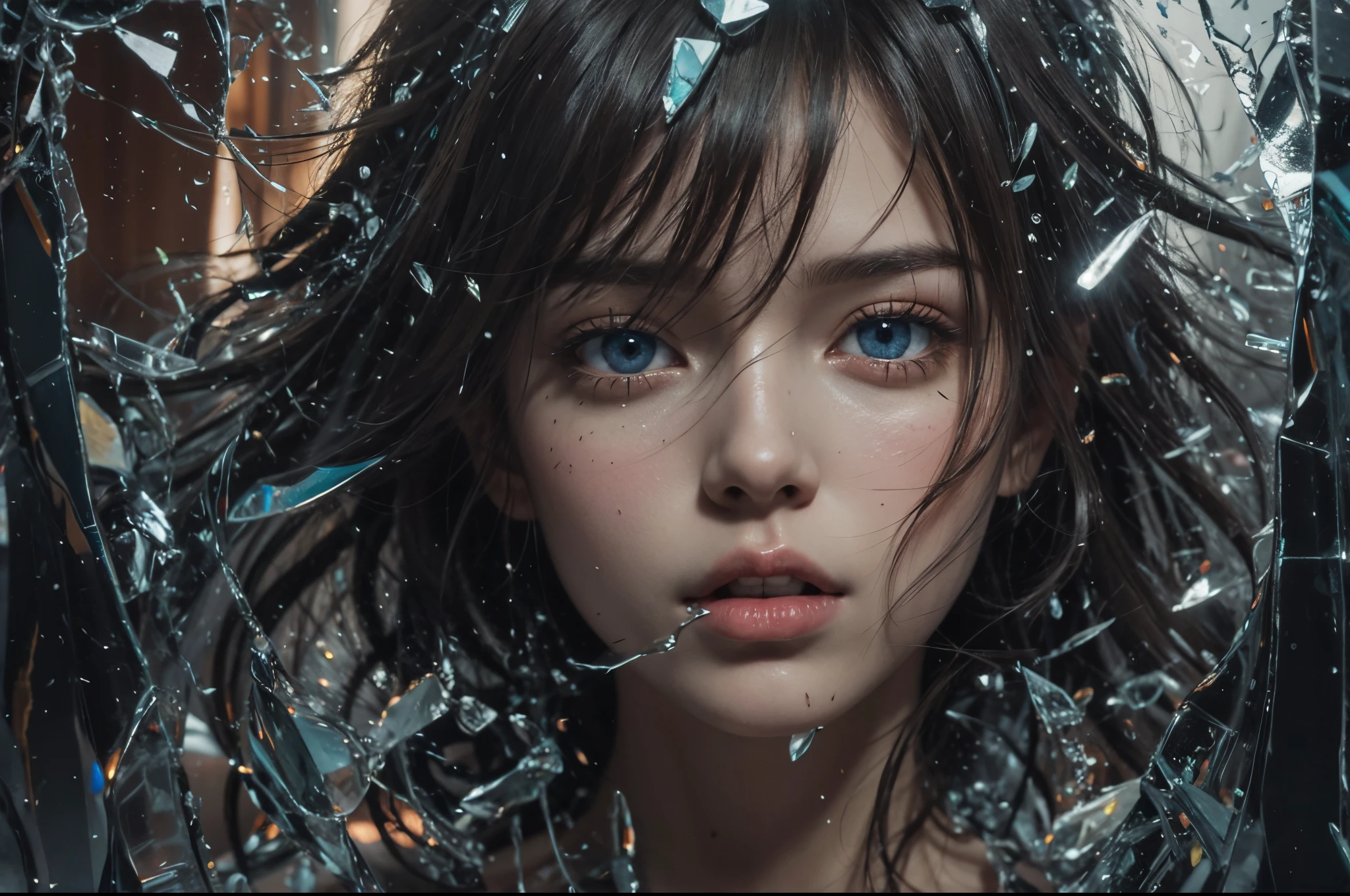 Beautiful girl with brown hair and blue eyes, The glass shattered in front., Bloody face., closeup portrait shot, captured on canon eos r 6, (Realistic face details), intricate detailed, Portrait of a beautiful girl, very high details, Realistic photos, 8k, UHD, hyperdetailed, (Dynamic Poses:1.4),