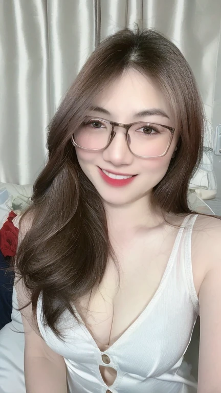 ((realistic, pale white skin:1.3,high resolution:1.3)), 1 girl with perfect figure, thin round glasses, smile, super fine face and eyes, long blonde hair, naked: 1.4 , in bedroom, sit on the bed, gigantic breasts, exposed cleavage