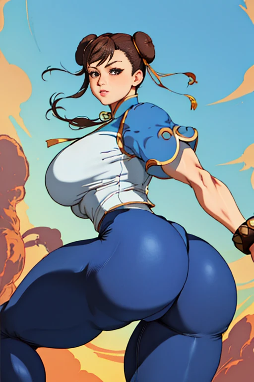 (Best Quality, 8k, 32k,1 Girl, Gigantic Breasts, Thick Thighs, Super Wide Hips, Huge Ass, Perfect Body, Ultra Detailed Face, Brown Hair, Blue Legging Pants, Chun Li, Stuck Hair, Two Buns in Hair.