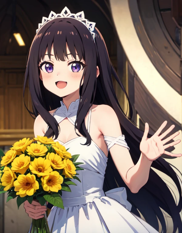 masutepiece, Best Quality, {Best Quality}, {{masutepiece}}, {hight resolution}, Illustration, 1girl in, Inoue Takina, Long hair, Bangs, Black hair, (Purple eyes:1.2), blush, Bright and happy smile，Looking at Viewer，weddingdress，veils，holding the bouquet with both hands，chies，chapel