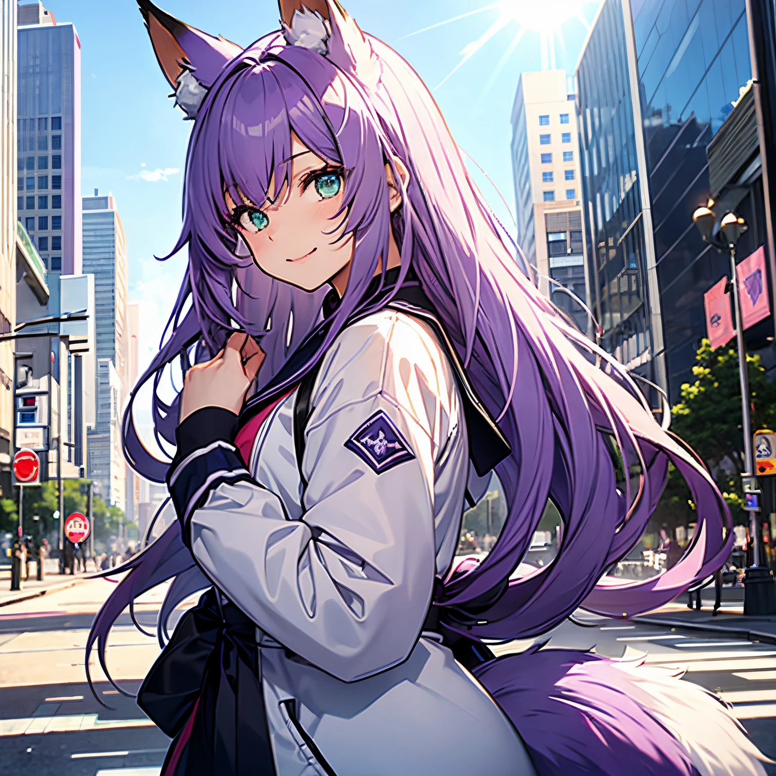 Teenage female、purple color  hair、Hair of medium length、Green eyes、has fox ears and a tail、a sailor suit、delighted expression、City in the background、Meet in the city、The time is noon、The weather is sunny