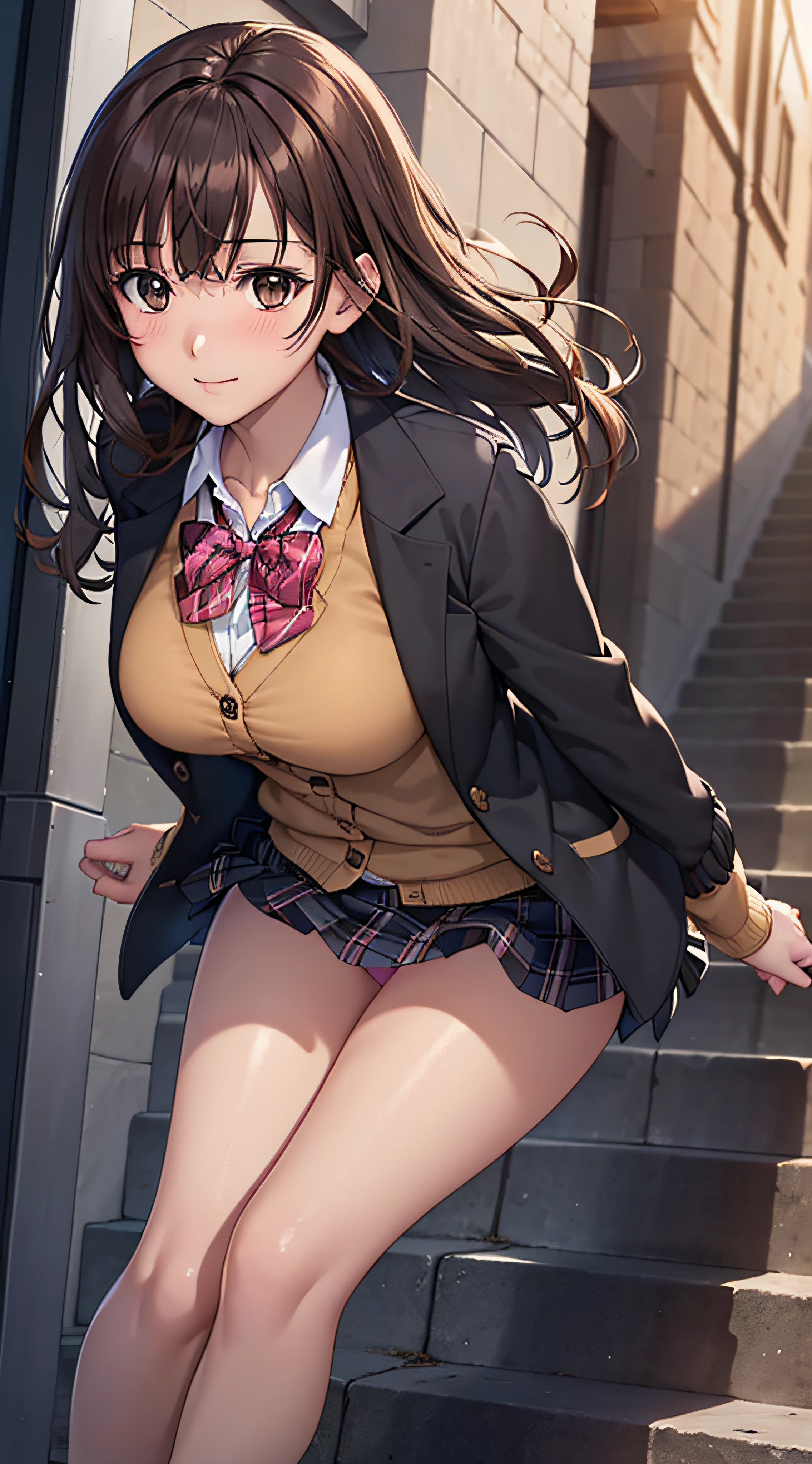 ((masutepiece, Best Quality, hight resolution, nffsw, Perfect Pixel, 4K, nffsw, nffsw))), 1girl in, Single, Solo, Beautie、full body seen、 ((Middle Wave Hair, Bangs, Brown hair)), ((Brown-eyed, Beautiful eyelashes, Realistic eyes)), ((Detailed face, Blushing:1.2)), ((Smooth texture:0.75, Realistic texture:0.65, Photorealistic:1.1, Anime CG style)), medium breasts, Dynamic Angle, Perfect body, ((red bowtie, School uniform, Black jacket, Open jacket, Brown cardigan, White shirt, Black skirt, plaid skirts)), City staircase、Looking up from the bottom of the stairs、Very embarrassing panic smile, turned around、bending forward、(The wind flipped my skirt and exposed my butt..........................、Touching the buttocks with both hands、Pink floral lace panties)、