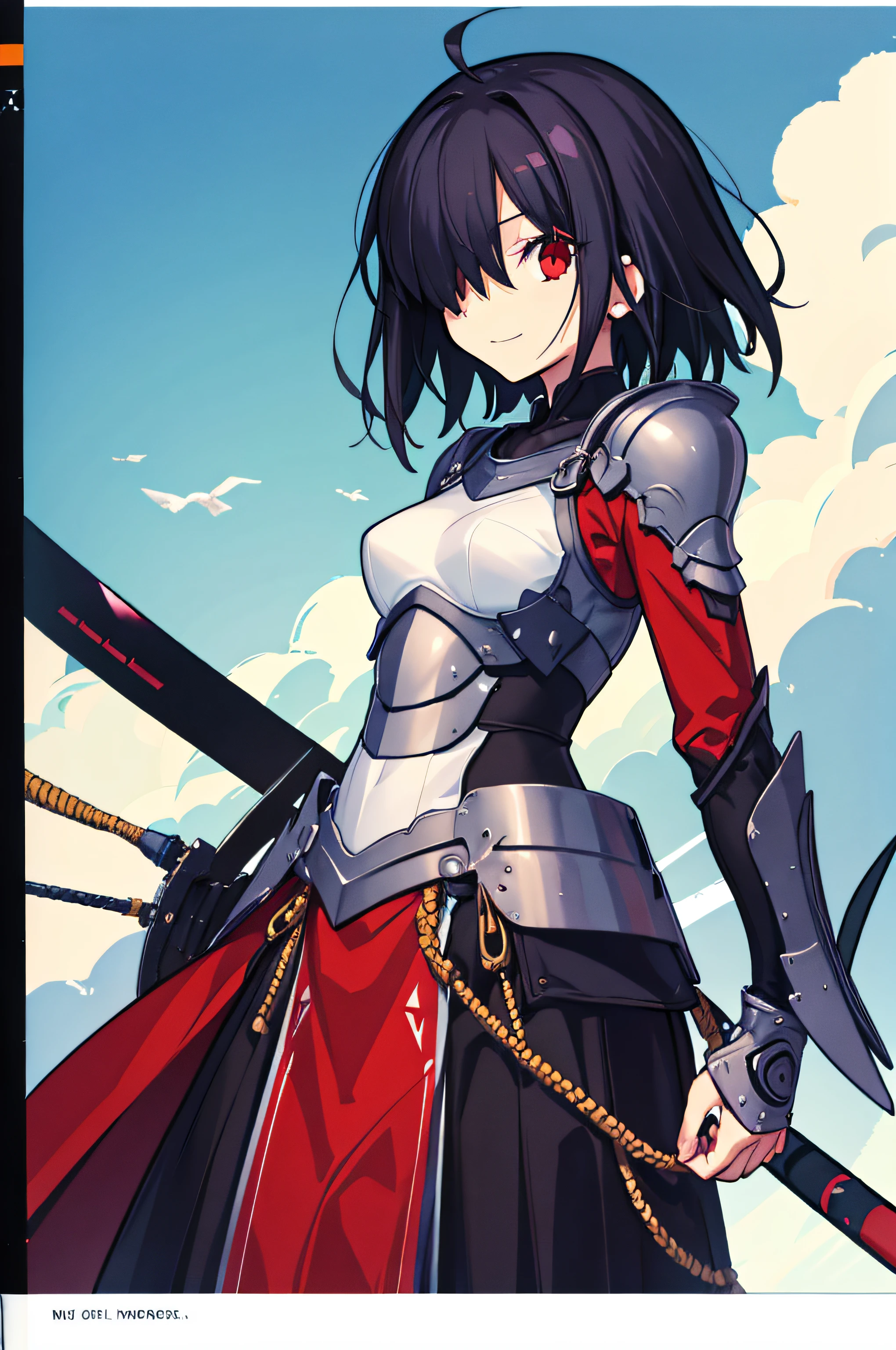 superfine illustration,1girl in,((simple background)),Hair over one eye,Standing,Tachi-e,Cowboy Shot,Black hair,Short hair,Red Eyes,Armored,knight wizard,lite smile