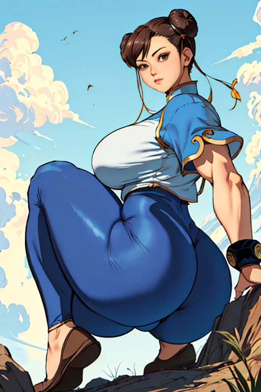 (Best Quality, 8k, 32k,1 Girl, Gigantic Breasts, Thick Thighs, Super Wide Hips, Huge Ass, Perfect Body, Ultra Detailed Face, Brown Hair, Blue Legging Pants, Chun Li, Stuck Hair, Two Buns in Hair.
