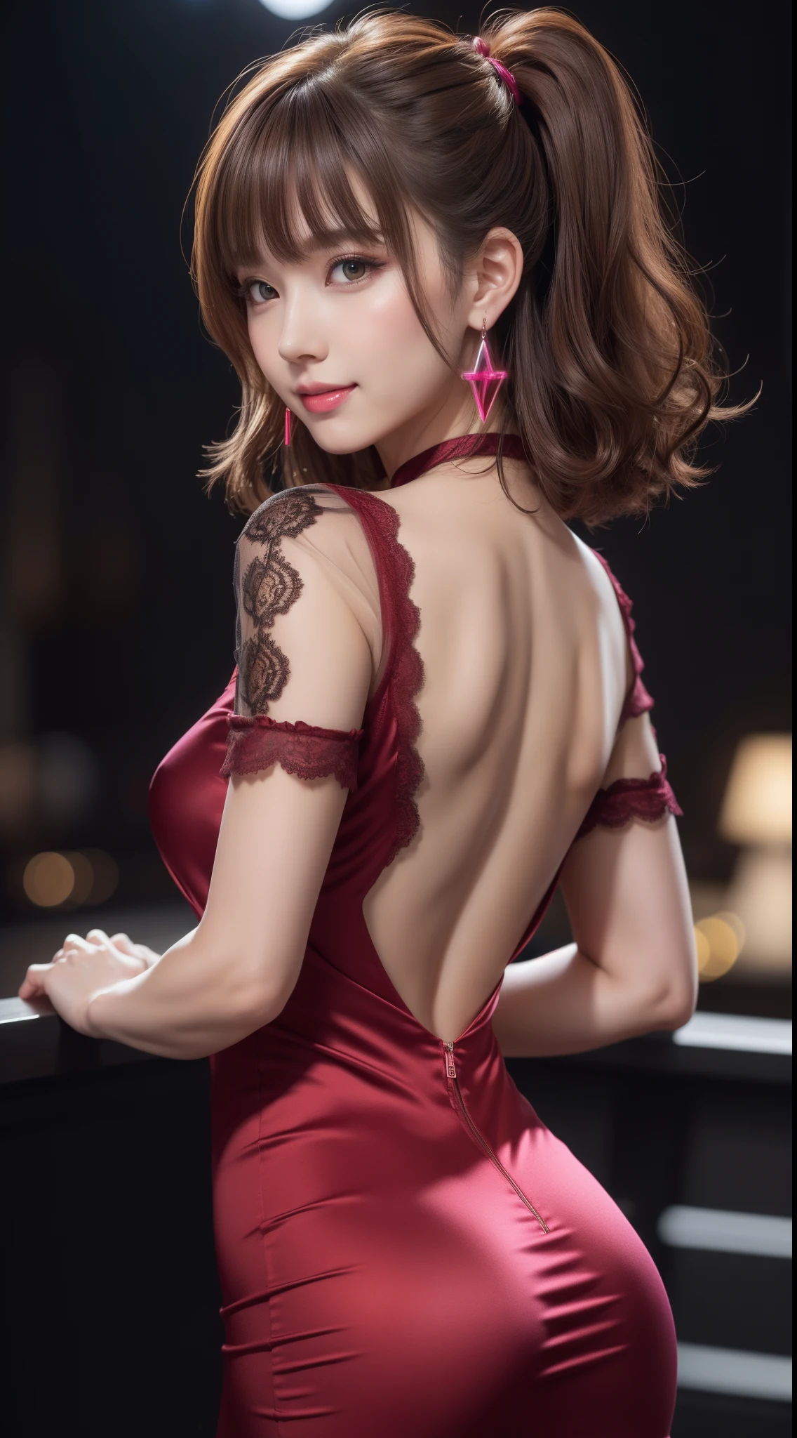 8K, masutepiece, Raw photo, Best Quality, Photorealistic, Highly detailed CG Unity 8k wallpaper, depth of fields, Cinematic Light, Lens Flare, Ray tracing, (Extremely beautiful face, Beautiful lips, Beautiful eyes), intricate detail face, ((Ultra detailed skin)) 1girl in, In the Dark, deepshadow, Pretty Korean girl, Flashy makeup with red eyeshadow,her shortcut, Delicate light brown hair is slightly disheveled with side waves.,wearing large ring earrings,Kpop Idol, 1 girl, (Very slim and slender fit muscular body:1.3), ((Looking at Viewer)),(Big smile:1.3), (magenta and black blouse), (sleeve fashion city night, a dark night, (Neon sign), (Blurred background), Fashion Street Night),(No people in the background:1.3), Beautiful earrings, Bracelets, Necklace, pantyhose, Clear eyes, Walking, (pale skin), (big eye ace forward, ((upperbody shot)), ((silk color dresses:1.3)),(Brown hairs),((tight fit lace dress)), (see through), (Looking at Viewer:1.3) opened breast, Very slim, medium breasts, backtrack,((Back shot)), see through, Medium Butt, Mini skirt, updo hair, ((Spread thighs))