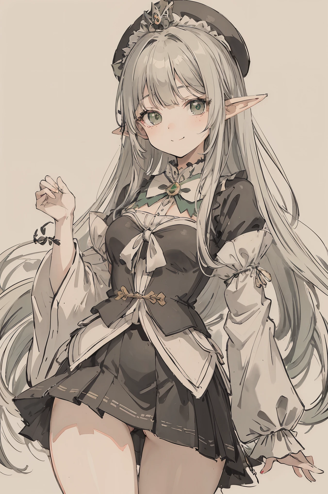 sparrow, a silver haired girl, wearing a princess clothes, long hair, hair, black skirt, green princess uniform with ruffles on the shouders, slim body, curious face, praying pose, seductive smile, mini skirt, green hunter hat, medium breasts, she close her left eye, elf, pointy ears