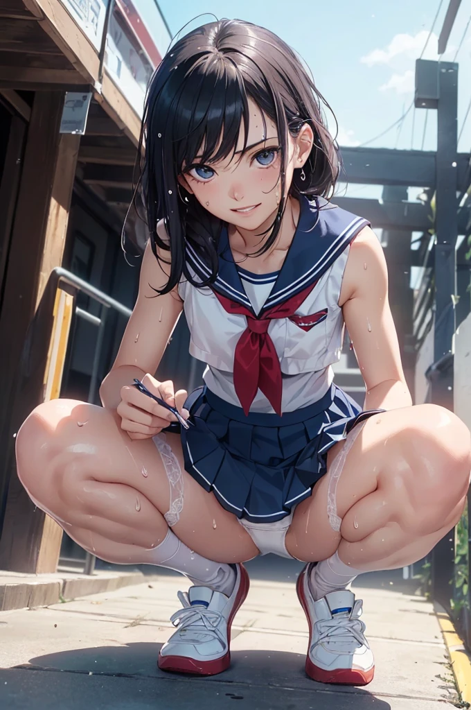 (Photorealistic:1.5), (​masterpiece、Highly detailed 8K CG、Sharp lines)、hi-school girl、A dark-haired、(White panties:1.2)、thighs thighs thighs thighs、Beautiful anime schoolgirl、Smooth Anime CG Art、Beautiful anime schoolgirl、Beautiful anime girl, 19-year-old beautiful girl, Detailed skin,(gleaming skin:1.6)、short-hair、Beautiful black hair、Red Eye、(many streaming sweat:1.8), (smile:1.4), (flat chest:1.6),(Muscular legs:1.5), (looking down at viewer:1.7), (gaunt:1.6), (student clothes, a sailor suit, Dark blue pleated skirt:1.4), (sleeveless:1.1),(full body:1.5), wet, solo, one girl, (squatting:1.5), (from below:1.3)