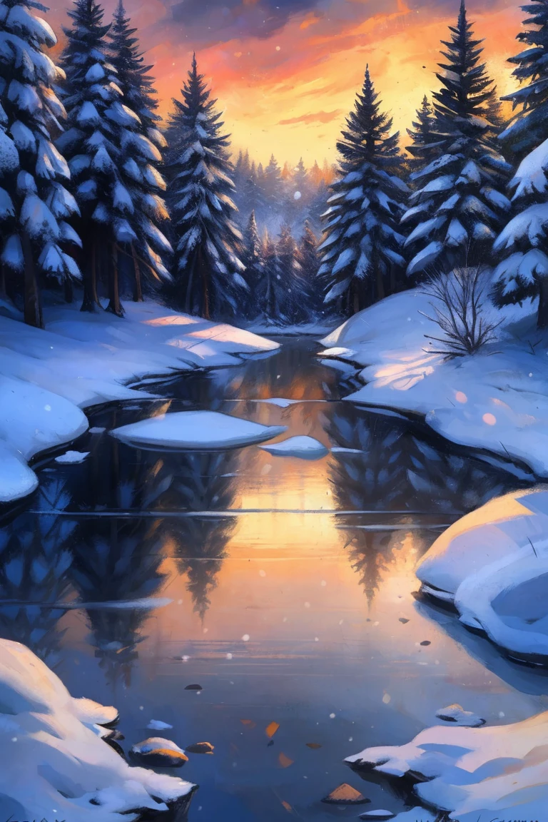 background, by Tess Garman, by Kenket, artic fox, artic fox crossing the frozen water, winter, snow, forest, reflection