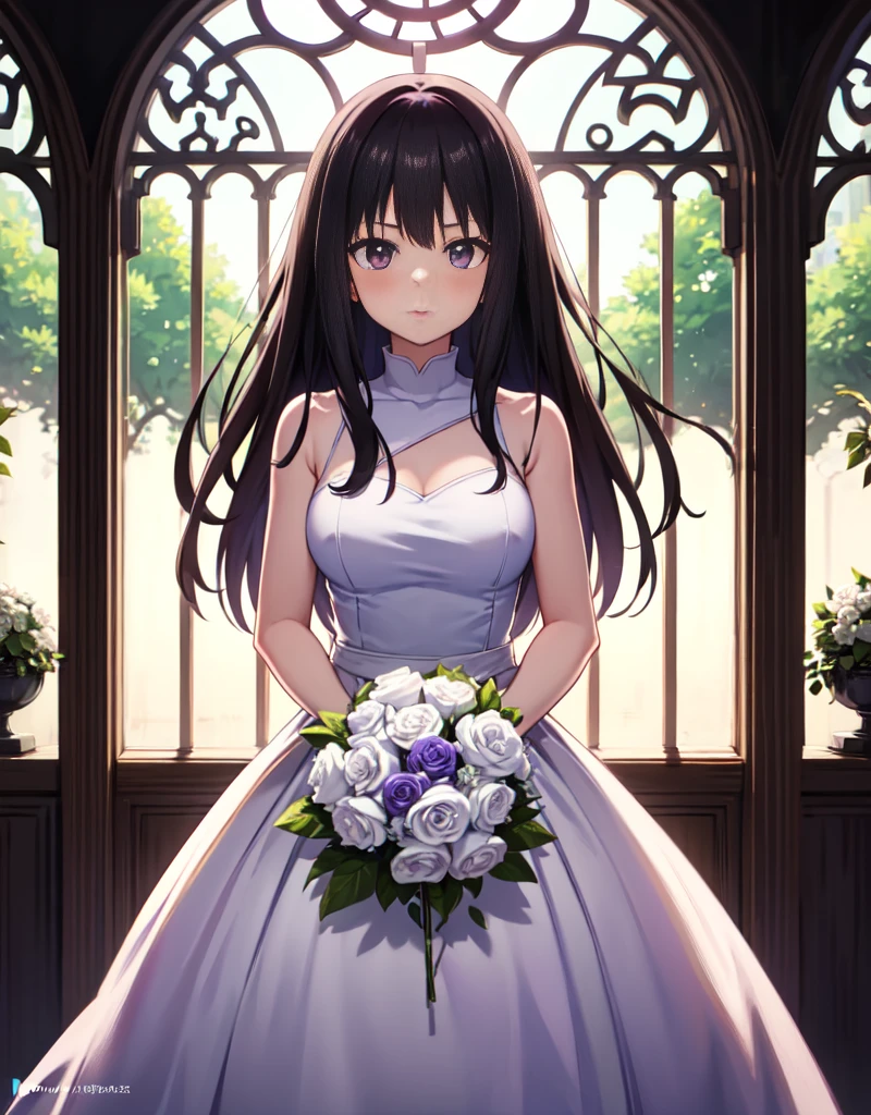 masutepiece, Best Quality, {Best Quality}, {{masutepiece}}, {hight resolution}, Illustration, 1girl in, Inoue Takina, Long hair, Bangs, Black hair, (Purple eyes:1.2), blush, Looking at Viewer,weddingdress,veils,holding the bouquet with both hands,chies,chapel