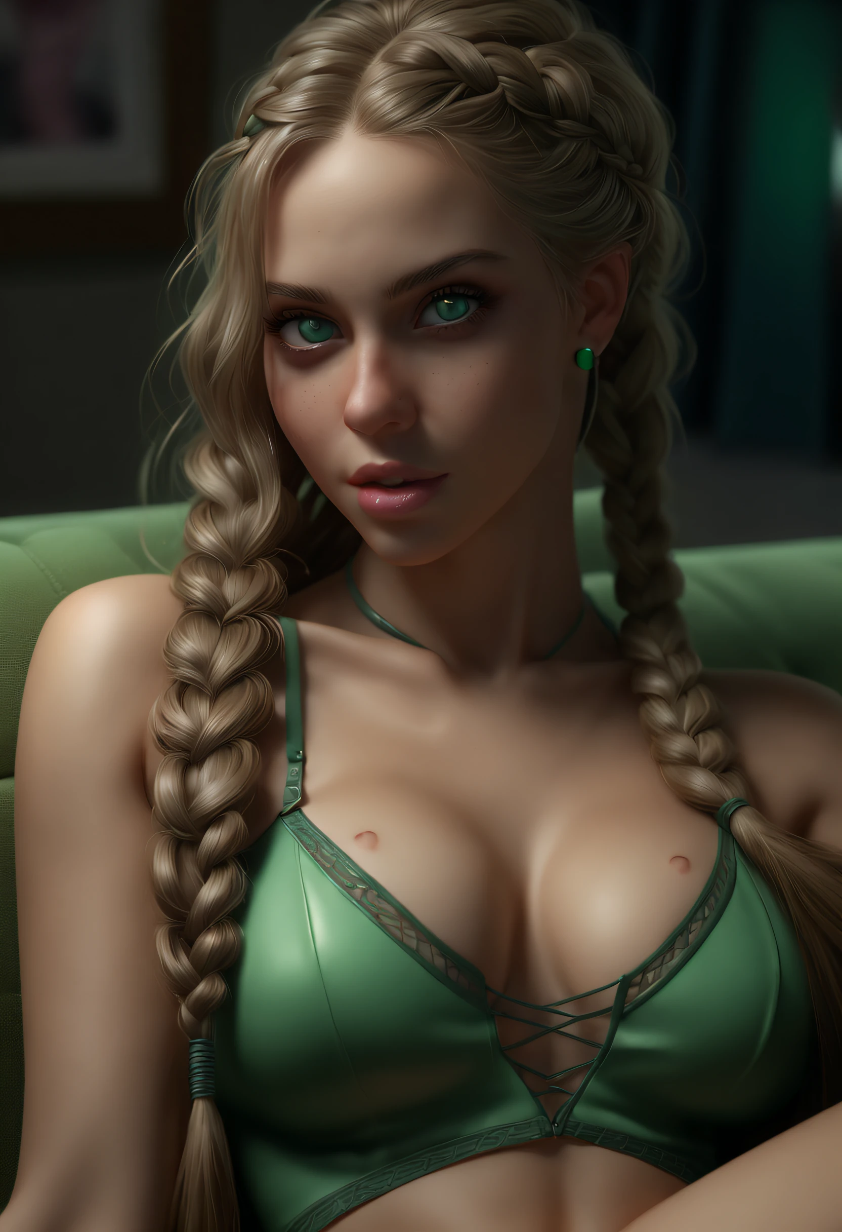 (uma mulher , lingerie, Meias, colar, (cabelos longos, plaits) olhos verdes, on a couch,various poses, (Olhando para o Viewer), sorriso sedutor), TV ligada,soft lighting, Cores, Very detailed, dramatic lighting, digital art trends in art station 8k HD high definition detailed realistic, circunstanciado, textura da pele, hiper detalhado, textura de pele realista, Armadura, melhor qualidade, ultra high-resolution, (foto realista:1.4), high resolution, circunstanciado, Foto RAW, sharp re, nikon d850 film stock photograph 4 kodak portra 400 camera f1.6 cores ricas em lentes, textura hiper-realista, textura realista, lighting dramatic, motor irreal, trending on art station, cine still 800, ((anatomia feminina fina e precisa), olhos perfeitos) (((500px, rolhas, Photographic view.,Ru, Com Arte, iso noise))),SIM NSFW