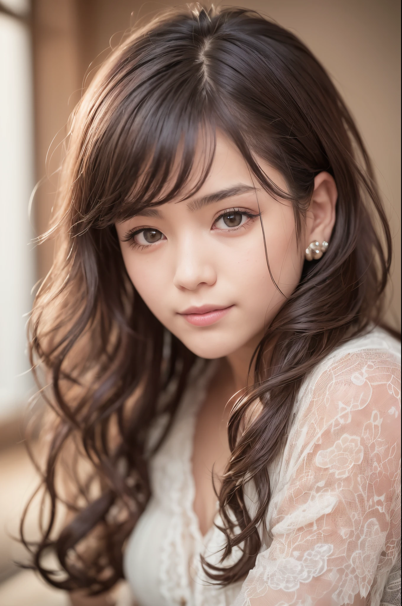 (Raw photo, Best Quality), (Realistic, Photorealsitic:1.3), masutepiece, extremely delicate and beautiful, Extremely detailed, nffsw, Unity, 8K, amazing, finely detail, Ultra-detailed, hight resolution, absurderes, Soft light, (Black hair, Short hair, Curly hair, hair messy, Bangor Tiful Detail Girl, Detailed fingers, extremely detailed eye and face, beautiful detailed nose, Beautiful detailed eyes, (Light on Face), Looking at Viewer, (Closed mouth:1.2), 1girl in, Cute, 年轻, Mature Face, pale skin, (Half body:1.3, sittingium&#39;breastsout), Realistic face, Realistic body, beautiful detailed thigh, (ulzzang -6500-v1.1:0.6), Black shirt,  (Semi-smile:1.3),cowboy  shot