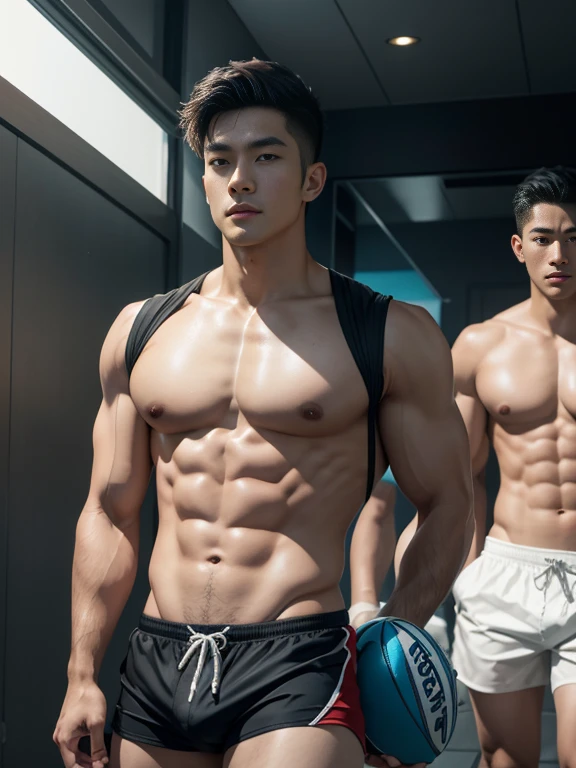 masseter membrane、well built、Asian male celebrity、male people、25 age old、cool guy、chest muscle、(cool guy)、Brush cut、gay twinks、 scantily clad、cool guy、musculous、largeeyes、cool guy、High value、(Immortal appearance)、The skin is smooth and delicate、Introduction to Hyde&#39;s entry and exit.、NS rich sizes、Authentic texture、fully body photo、Ultra-thin transparent swimming trunks、large bulge、Big bag、Obvious big bag、Rugby player、soles of feet、pioneer、Eternal、Very handsome and cute、The three of them laughed happily together、Portrait photos、profesional lighting、8K分辨率、beautifuldetails、ultra - detailed、Have fun on the cruise