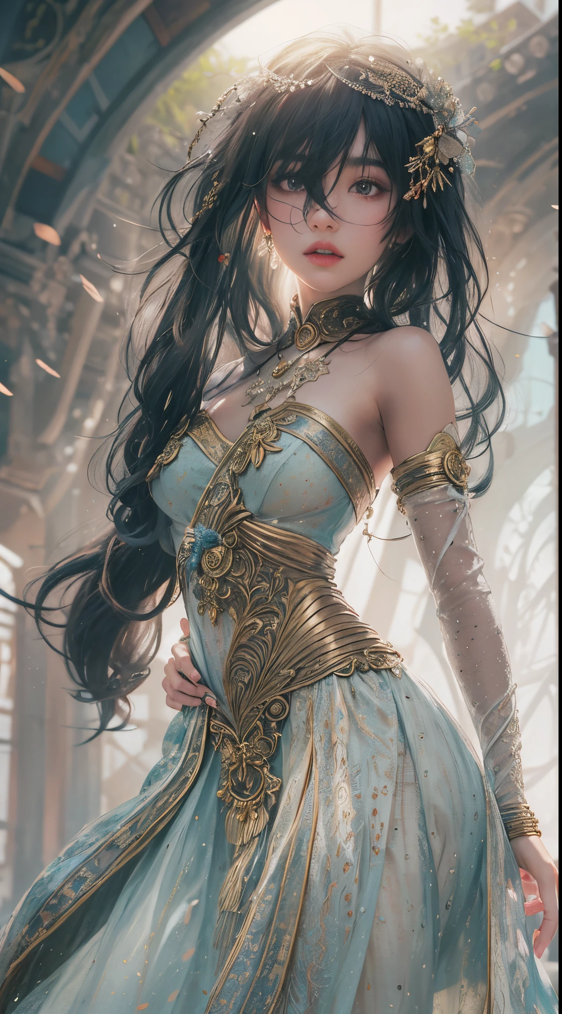 1girls,goddesses，Venus，Delicate and beautiful face,Medium long black hair，flowy，full breast，Convex buttocks，Roman skirt，perfectly proportioned, Detailed clothing details,Temple，arena，wonderland，Cinematic lighting, filmgrain, Fujicolor, light and darkcontrast, 8K, 巨作, Textured skin, Super detail, High detail, High quality, high resolucion,