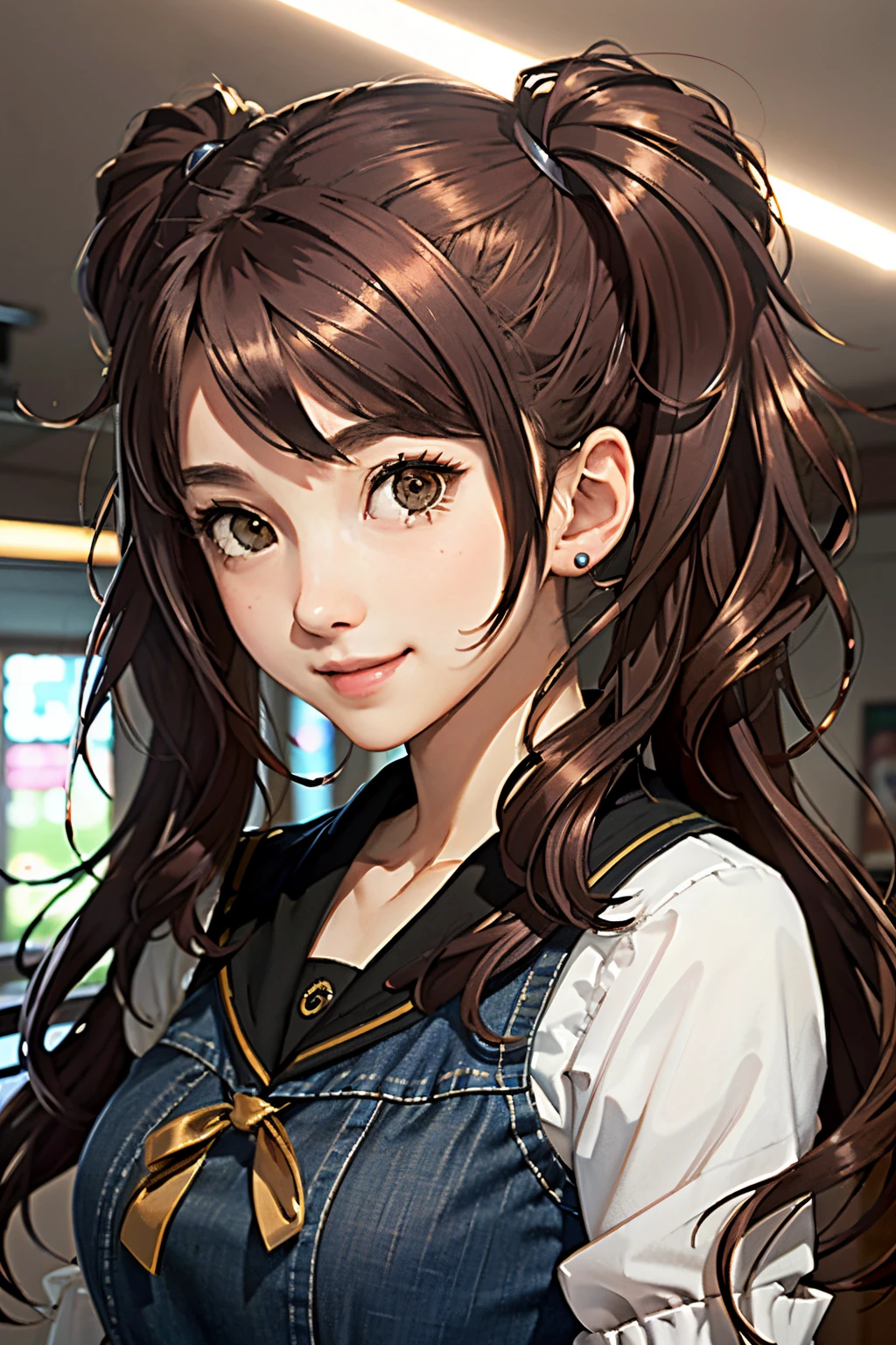 (masterpiece, best quality:1.ersona4RiseKujikawa, 1girl, solo, long hair, twintails, brown hair, brown eyes, portrait, smile, fashion boutique, afternoon, stylish and well-lit with spotlights on displays