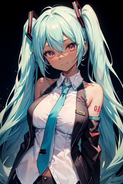 tmasterpiece, Big breasts Hatsune Miku, white  shirt, a blue tie, of shoulders, Split sleeves, smiling face, Dark skin, red eyes, 黑The eye, Pupil orange,