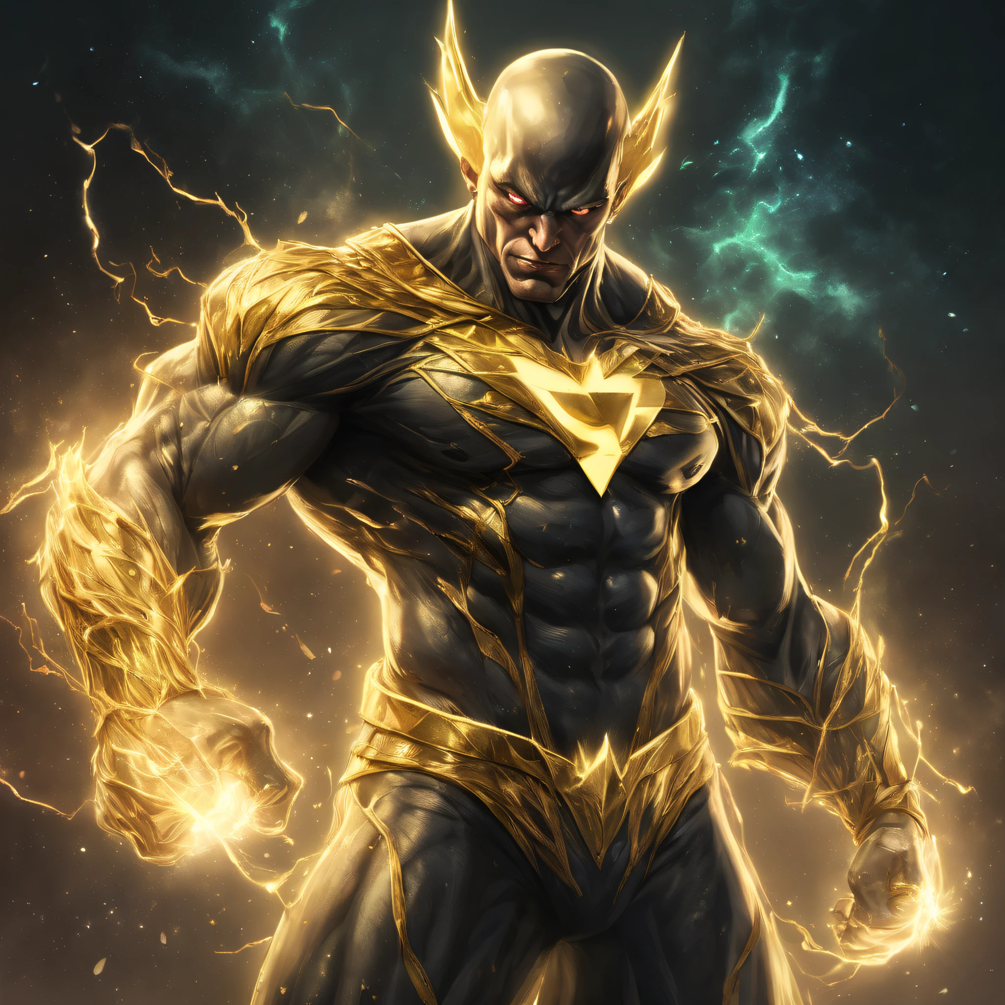 Um: Umdam negro da DC Comics,illustration,oil painting,(best quality,4k,8k,Umltas,master part:1.2),ultra-detalhado,Realistic,retrato,Escuro,muscular physique,ancient egyptian,Membro da Tropa Sinestro,Powers of lightning,olhos brilhantes,intense expression,postura de luta feroz,Sombras,dim lighting,cores contrastantes,esquema de cores verde e preto, (postura alta e real),(modernos em uma paisagem celestial),(surrounded by swirling galaxies and twinkling stars),(the vibrant colors of the galaxies mix with the creature'It's golden fur),(a sense of wonder and awe fills the air),(cosmic light illuminates every detail),(impressive and majestic presence),(Captivating and ethereal),(uma criatura emite um ar de sabedoria e poder),(atemporal e divino),(a mythical being who embodies greatness and strength),(a harmonious fusion of human and horse characteristics),(your divine essence shines in all aspects),(the embodiment of grace and strength),(uma criatura celestial que transcende fronteiras).