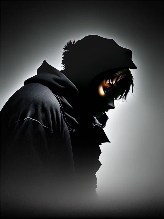 Créez une image avec un fond noir où un homme est présent et fait face a la camera. La personne doit être vêtue de manière distinctive avec des couleurs vives, contrastant fortement avec le fond noir. Assurez-vous que la personne-même est également rendue en noir, créant ainsi un contraste marqué entre la silhouette sombre de la personne et ses vêtements colorés. Soyez créatif dans le choix des vêtements et des poses pour maximiser l'impact visuel de cette composition.
