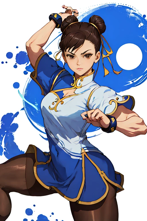 Street Fighter III Chun-Li usa um Qipao azul com bordados dourados e com fendas laterais grandes para melhor desempenho/movimentos nos combates, a type of brown pantyhose or leotard, pulseiras spike e botas brancas de cano alto.