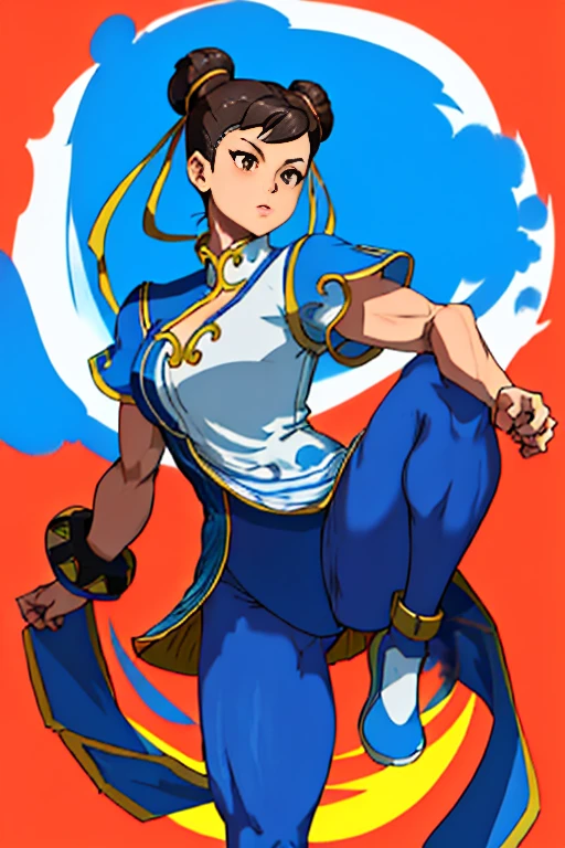 Street Fighter III Chun-Li usa um Qipao azul com bordados dourados e com fendas laterais grandes para melhor desempenho/movimentos nos combates, a type of brown pantyhose or leotard, pulseiras spike e botas brancas de cano alto.