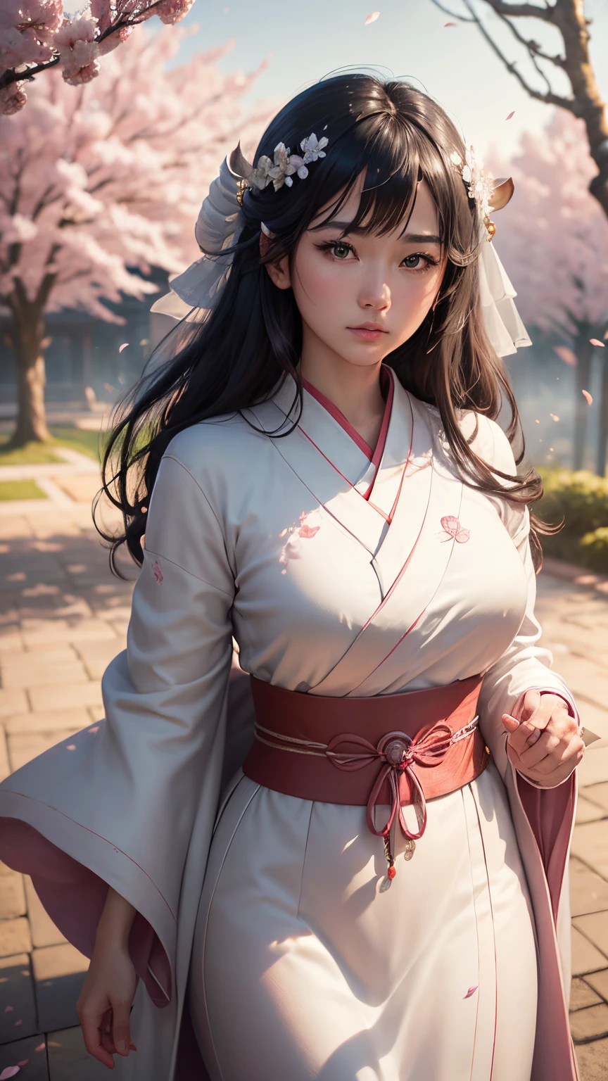 (A logo、masterpiece、8K、masutepiece、Raw photo、Fantastic、Best Quality、Photorealistic and highly detailed CG integrated 8K wallpaper、hightquality、ighly detailed、epic poem、Particle effect、Dynamic effects、depth of fields、Cinematic Light、Lens Flare、Ray tracing)、Fantasia、 (1 beautiful woman in a white coat、robe blanche、Japanese dress、A dark-haired、Beautiful face、Real Face、beautiful details eyes beautiful skin、)、Pink cherry blossom tree、Petals flutter、Sakura blizzard、Superb view、morning glow、Sun in the background、the wind、Deities、tusk、myth、Vast Land、