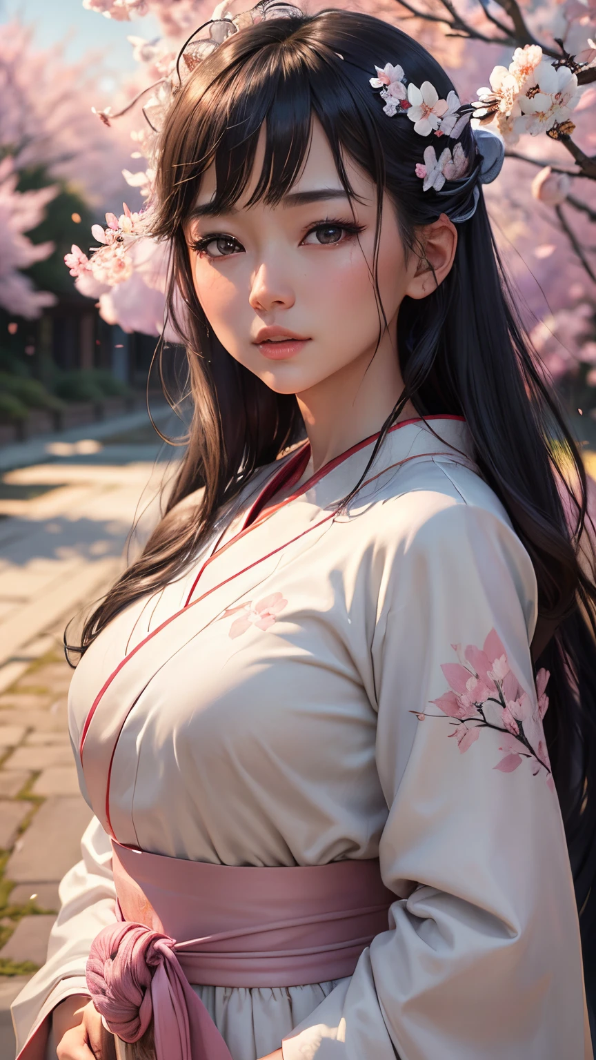 (A logo、​masterpiece、8K、masutepiece、Raw photo、Fantastic、Best Quality、Photorealistic and highly detailed CG integrated 8K wallpaper、hightquality、ighly detailed、epic poem、Particle effect、Dynamic effects、depth of fields、Cinematic Light、Lens Flare、Ray tracing)、Fantasia、 (1 beautiful woman in a white coat、robe blanche、Japanese dress、A dark-haired、Beautiful face、Real Face、beautiful details eyes beautiful skin、)、Pink cherry blossom tree、Petals flutter、Sakura blizzard、Superb view、morning glow、Sun in the background、the wind、Deities、tusk、myth、Vast Land、