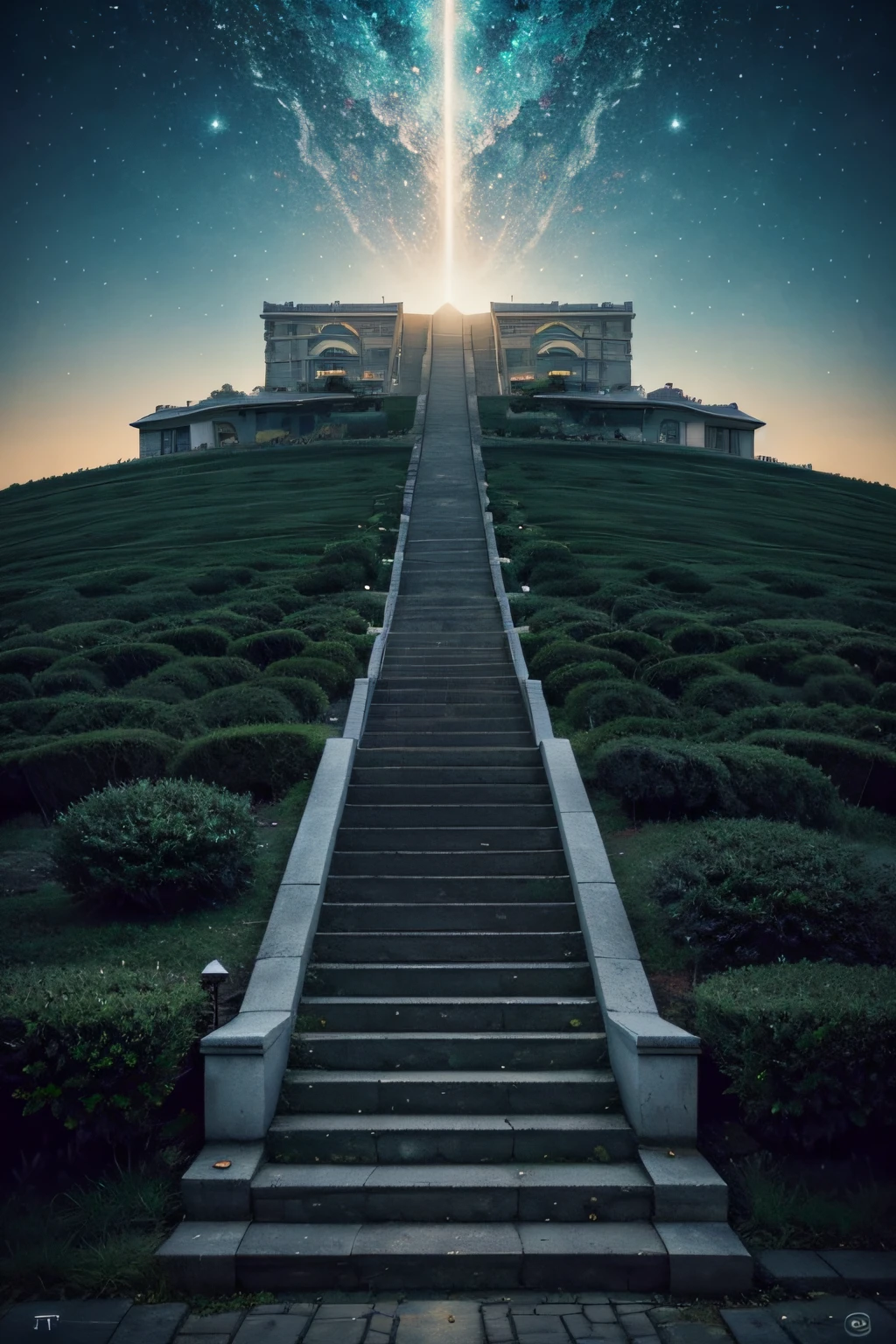 Imagine a surreal scene where an AI creates stairs in the sky, In an ethereal and timeless landscape. These stairs do not lead to houses or neighborhoods, but intertwine in complex patterns, Defying logic and gravity. Vision seeks to transcend reality, incorporando elementos de luz, cor e forma abstrata, exploring rise and discovery, where each step represents a unique journey into the unknown.