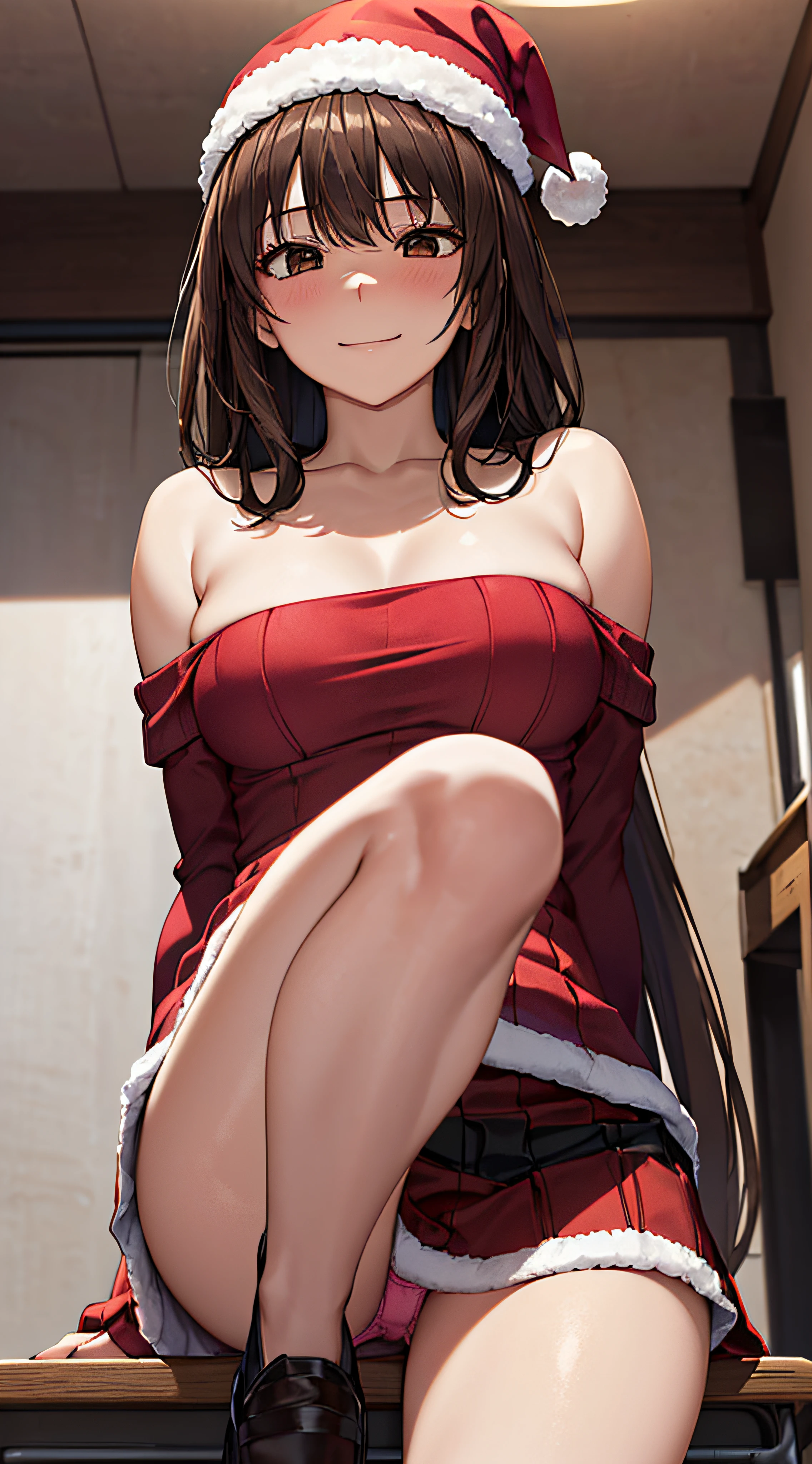 ((masutepiece, Best Quality, hight resolution, nffsw, Perfect Pixel, 4K, nffsw, nffsw))), 1girl in, Single, Solo, Beautie、full body seen、 ((Middle Wave Hair, Bangs, Brown hair)), ((Brown-eyed, Beautiful eyelashes, Realistic eyes)), ((Detailed face, Blushing:1.2)), ((Smooth texture:0.75, Realistic texture:0.65, Photorealistic:1.1, Anime CG style)), medium breasts, Dynamic Angle, Perfect body, ((Santa Claus Costume、Red knitted hat、red and white off shoulder sweater、red and white flared skirt、Black garter stockings、Kamimei)), Classrooms without people、Sit on a desk、Lower'I took my foot off the desk...............、、early evening、、((Angle looking up from below))、Very embarrassing panic smile、(Lift the skirt with your right hand、Open both legs、Pink floral lace panties)、