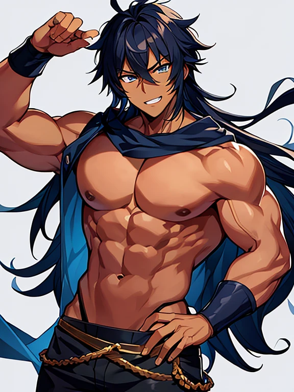 2D anime illustration of a muscular, dark-skinned, sexy man flexing naked looking at the camera