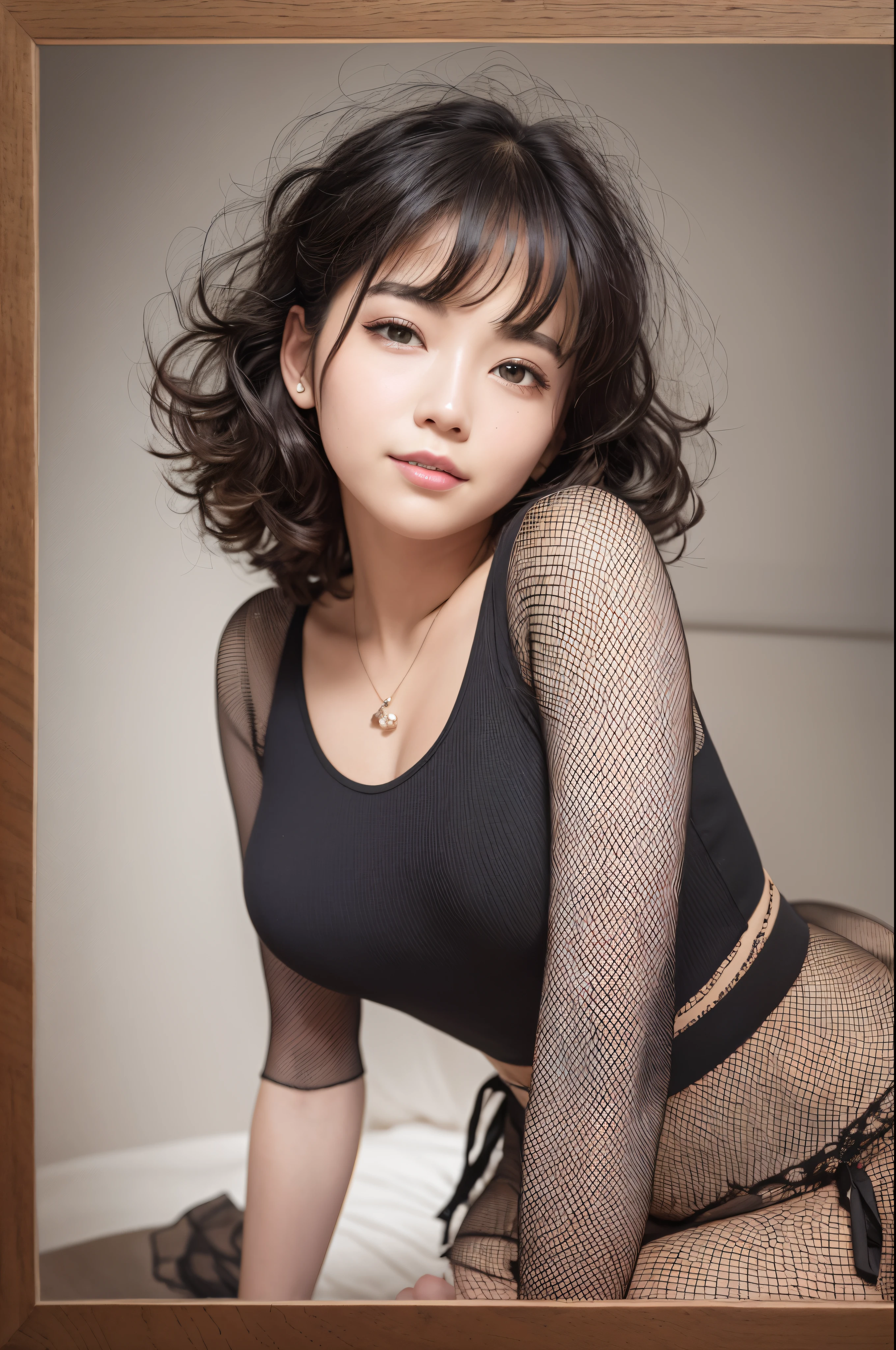 (Raw photo, Best Quality), (Realistic, Photorealsitic:1.3), masutepiece, extremely delicate and beautiful, Extremely detailed, nffsw, Unity, 8K, amazing, finely detail, Ultra-detailed, hight resolution, absurderes, Soft light, (Black hair, Short hair, Curly hair, hair messy, Bangor Tiful Detail Girl, Detailed fingers, extremely detailed eye and face, beautiful detailed nose, Beautiful detailed eyes, (Light on Face), Looking at Viewer, (Closed mouth:1.2), 1girl in, Cute, 年轻, Mature Face, pale skin, (Half body:1.3, sittingium'breastsout), Realistic face, Realistic body, beautiful detailed thigh, (ulzzang -6500-v1.1:0.6), Black shirt, (Semi-smile:1.3),cowboy shot