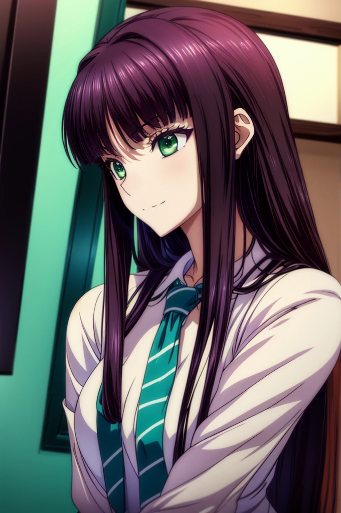 Anime girl staring at something with green eyes, closeup Iwakura Lain, in the anime film, Anime visuals of cute girls, anime movie screenshot, close up of a young anime girl,An anime girl with red-purple hair and a black tie is staring at something., a closeup,anime movie screenshot, Bottom Angle, Beautiful girl anime visual, Smooth Anime CG Art,anime portrait,beautiful anime high school girl,A seductive anime girl, anime visual of a young woman, Anime Best Girl, anime girl with long hair and green eyes,A seductive anime girl, nffsw,hiquality,Connect ticker and 8K, hight resolution,Very detailed CG, High quality shadows, Detail Beautiful delicate face, Detail Beautiful delicate eyes,BREAK(Wallpapers with highly detailed 8K),(Highly detailed CG 8K wallpaper),Makima (chain saw man),Sukasaha (Fate/grand order),Shimohira Reihua ,Hi-Res,Very delicate and beautiful CG illustration,top-quality,beautiful thigh,big breasts thin waist,(((masutepiece))), (((Best Quality))),8K,32K,​masterpiece,beautiful alluring anime woman,ultra-definition,ultra-detailliert,hight resolution,a hyperrealistic schoolgirl,masuter piece, Best Quality, High quality, High Definition, high quality texture, high quality shadow, high detailing,finely detail,A teenage girl,1girl in,High school students,Solo,Soio,Only one person,Alone,One Person,taki,Mature atmosphere,Leg length,neat and long legs,8 Head Body,stature:171cm,Mature girls,Reddish-purple hair,Reddish-purple hair,Purple hair,cassis colored hair,silky and smooth hair,Colorful hair,Straight hair,Smile,Cool Beauty,Beautuful Women,Neat face, Beautiful realism,Seductive look,Bewitching look,serene expressions,beautiful hairl,She wears a necklace around her neck,Necklace,bead necklace,magatama accessories,A slight smil,Colorful eyes,green colored eyes,Jade-colored eyes,beautidful eyes,Bright eye,Delicat eyes,Eyes Like Gems,Jade Eyes,Hanging eyes,(Green eyes:1.5),Seductive face,Watching the viewer,Model photo,simple background,Black hair, longeyelashes, lightsmile, Reddish-purple hair, cassis colored hair, Hairpin, lightsmile, Seductive smile, Jade-colored eyes, PUPILS SPARKLING, Hanging eyes, multicolored eyes, Anime style, Hyper-Realism, Realism, Anime, 8K, Super Detail, ccurate, Best Quality, 16 K, Anatomically correct, ccurate, nffsw, 16 K, hight resolution, Best Quality,(white  shirt)、(neck tie),Formal, Suit,stripe tie,a closeup,low angles,Smile with your mouth slightly open,bustshot,