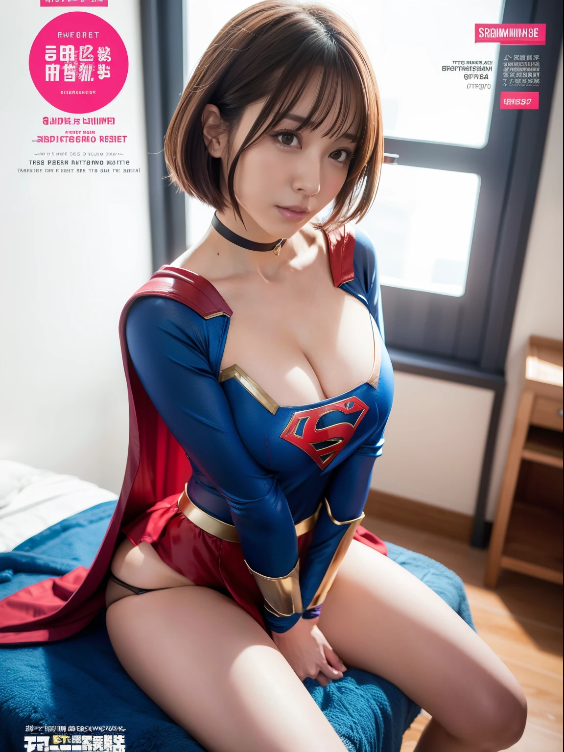 ​masterpiece,Supergirl Costume, short-hair, bare-legged, large full breasts,surgery room、Operating table、straddle、depraved、shiny、Looking at the camera、Provocation、estrus、Cowgirl、Trance、Fayue、enjoyment、The sheen、Red shortcloak、a choker、Weekly magazine cover、bewitching poses、Too short miniskirt、While spreading your thighs wide