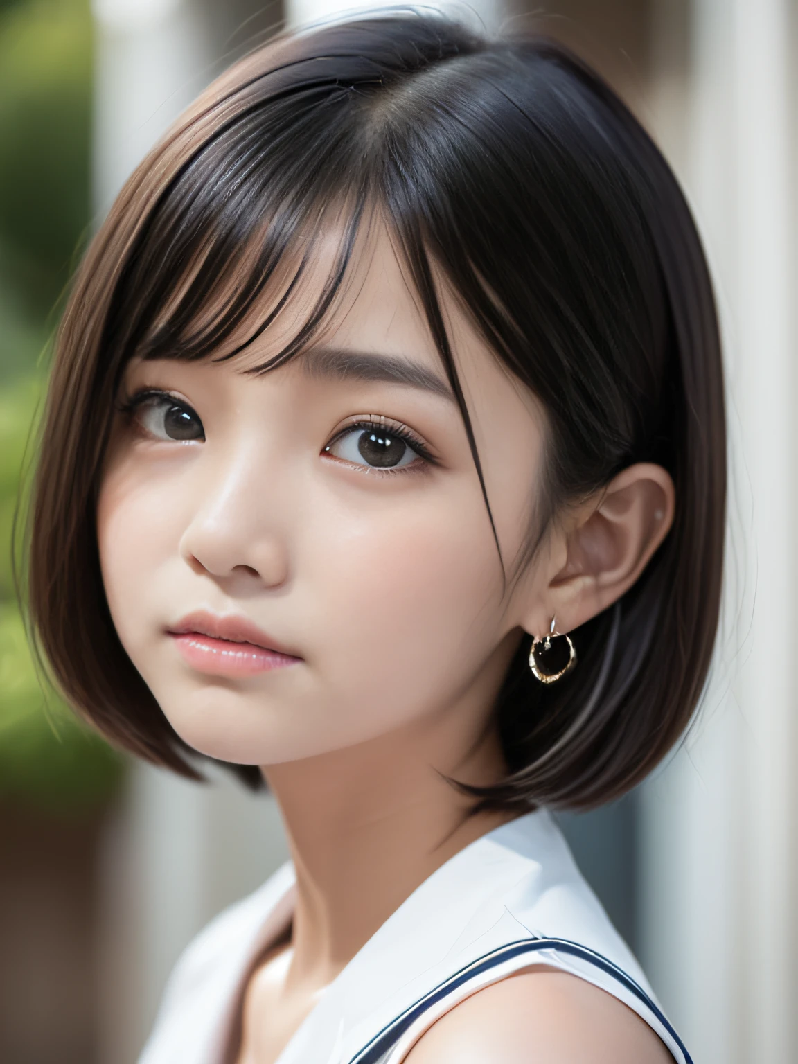 (surrealism, Raw photo, NIKON, 8K, Super Detail, masutepiece, high details, Anatomically correct, Intricate details, super detailed, Realistic lighting), 
(Japanese Models, Japanese high school  girl, Japanese ido, 16 years old, slim waist and busty body, Haruka Fukuhara, Hinano Himeno), 
((Highly accurate human body, Highly detailed face, Realistic skin, Sister girl, Affectionate and cute, Cute Girl, Surreal Girl, really cute, Cutest:1.2)), 
((Black hair, Short bob cut, see-through bangs, one small earring, Round face, Moist eyes, Eyebrows downwards, Troubled eyebrows, Light blush, Look at viewers:1.1)), 
(Look at the viewer), 
((Crying face, Deep sadness, shed tears, Expression of sadness, cry and cry, Tears overflow from the eyes, begging forgiveness, cry and beg, Separate lips, tears in eyes)), 
(Black Maid Outfit)