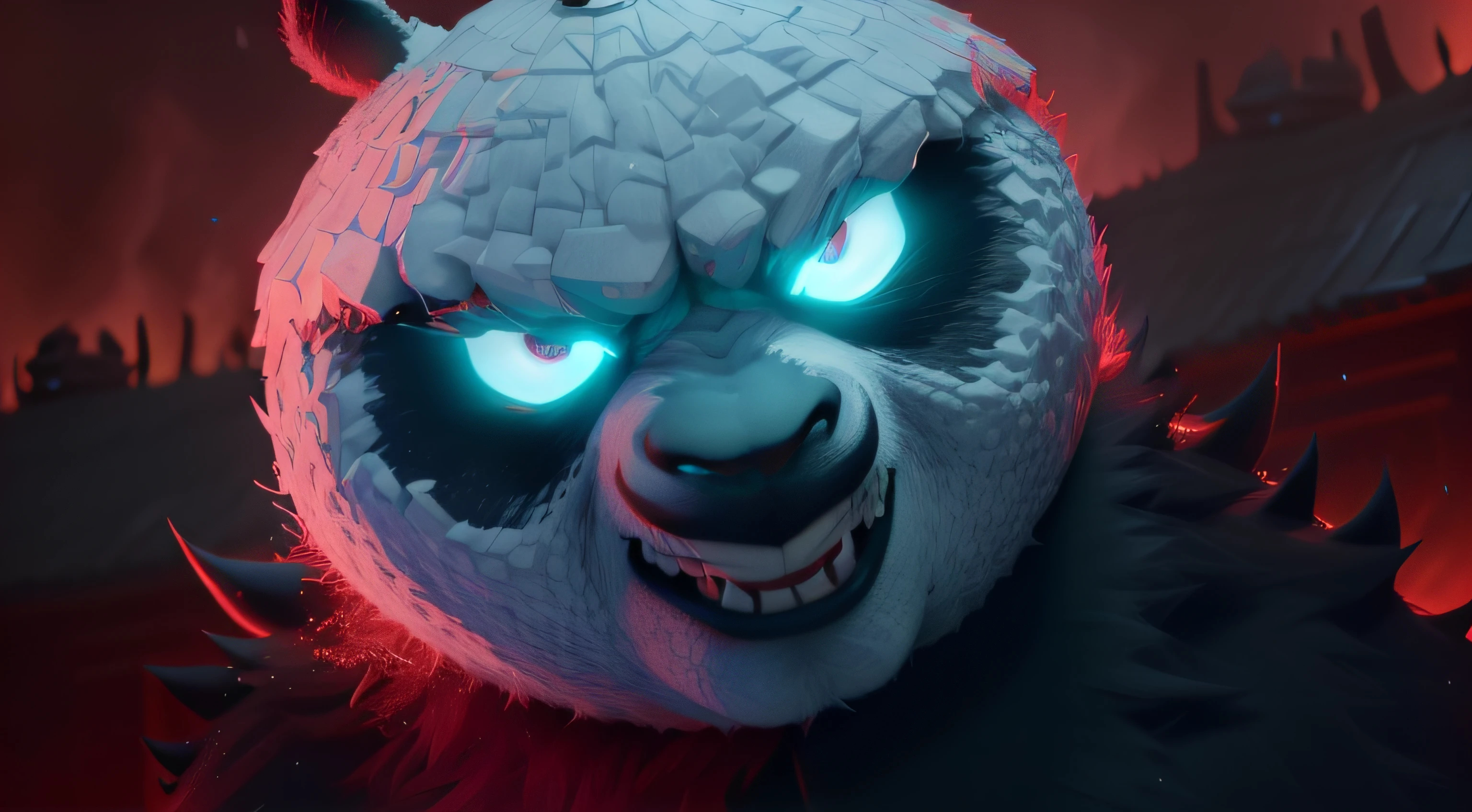 a close up of a scary looking panda bear with glowing eyes, animated film, big chungus as elden ring boss, still from animated horror movie, movie still of a snarling, shrek with red eyes, made of lava, animated movie, kubo and the two strings, 3 d animated movie, frame from pixar movie, bubbles vfx, animated movie still