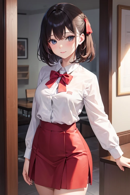 baby face、brown hair、short hair、、white shirt、Red flared skirt、beige stockings、C cup、masterpiece, best quality, 8K