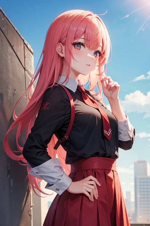 Chica de anime con camisa transparente roja y corbata negra posando para una foto