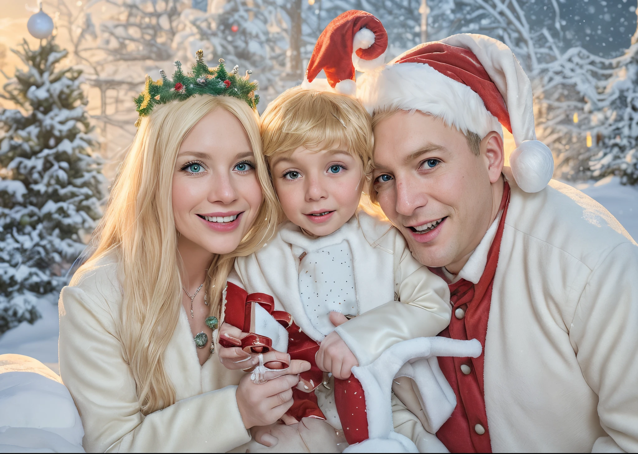 Family in New Year's costumes: mom blonde hair in a snow queen costume, son in an elf costume, dad in santa suit. Against a Christmas background, Christmas tree, holiday village, snowing, Warm sunset