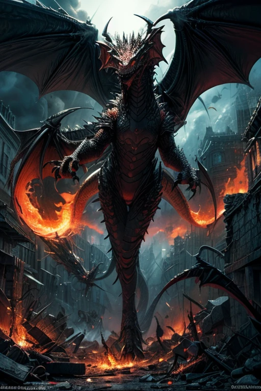Hohe Detailgenauigkeit, best quality, 8K, [Ultra-detailliert], Meisterwerk, (Extrem detailliert), Dynamischer Winkel, .RAW, Weitwinkel, fotorealistisch, Fantasy-Kunst, DND-Kunst, RPG-Kunst, 1 large fearsome red dragon flying, (dragon with 2 wings:1.3), scharfe Krallen, tough armored skin, (Spits Fire:1.6), (Feuerstrahl aus dem Maul:1.8), Burning Buildings), Angst, Panic, ((chaos)), ((destruction)), death, burned people,  filmischer Hintergrund, episch, (Meisterwerk:1.3), highres, filmischer Hintergrund, (Meisterwerk:1.2), high resolution