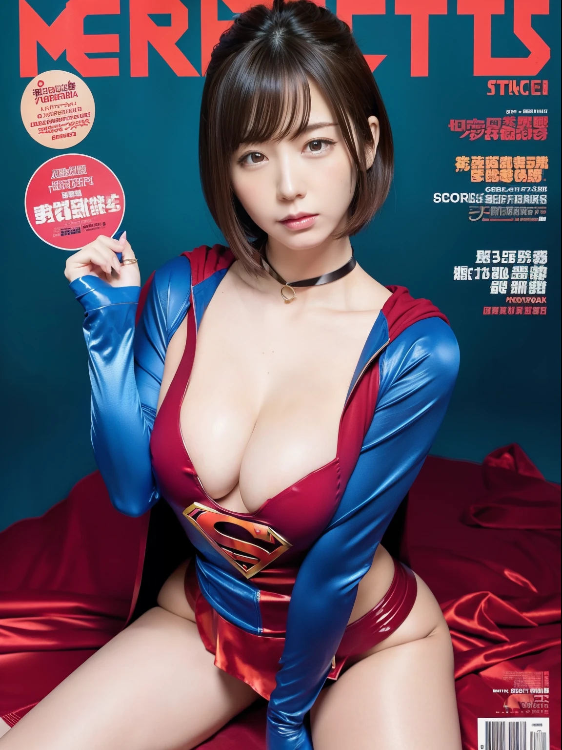 ​masterpiece,Supergirl Costume, short-hair, bare-legged, large full breasts,surgery room、Operating table、straddle、depraved、shiny、Looking at the camera、Provocation、estrus、Cowgirl、Trance、Fayue、enjoyment、The sheen、Red shortcloak、a choker、Weekly magazine cover、bewitching poses、Too short miniskirt、While spreading your thighs wide