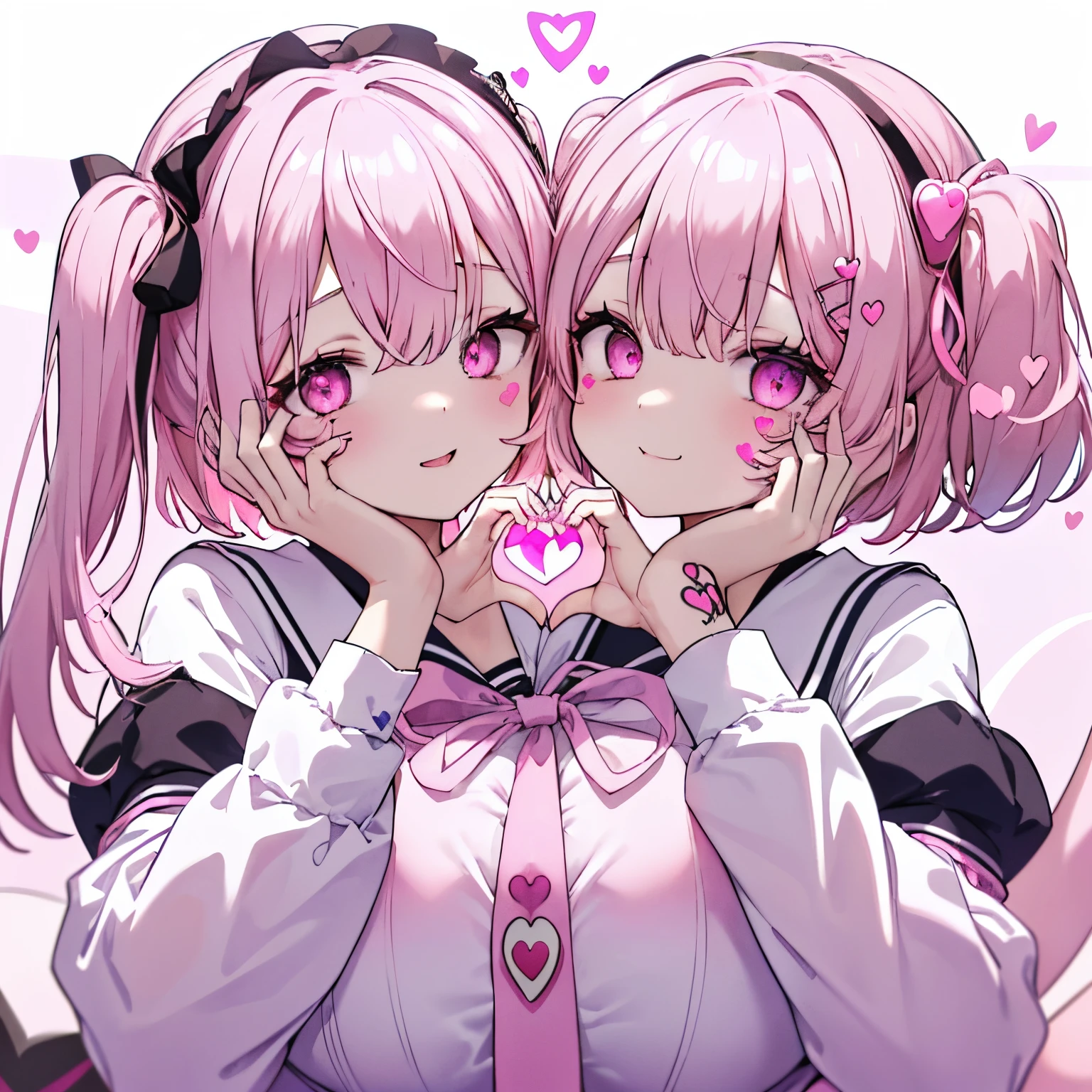 Details、ultra-detailliert、masterpiece、top-quality、Beautiful fece、A detailed eye、 (Two girls:1.4)、Two succubi、(twinsies:1.2)、(natta:1.2)、short-haired、(Pink ribbon:1.1)、(Two-side-up)、Pink tie、pink bra、耳Nipple Ring、(student clothes.1.1)、Shady face、Light pink hair、(Pink Room)、malicious smile、Bruises and ugly facial features、Young features、(Lori:1.2)、long-sleeve、(fluffy sleeves fluffy hair、(Open your mouth and laugh)、Elementary school girls、Short stature、Chiquita、Colossal tits、loli big boobs、(Put your hand on your face)、Buriko、Ruffled uniforms、hair clips、(Ridicule:1.1)、looking-down、Looking from below、Being looked down upon by girls、(Looking from below:1.2)、ultra gigantic tits、(Pink heart symbol:1.5)、(Mass of heart:1.5)、(Heart Effect:1.5)、(heart mark:1.5)、demon tail、Devil's Tail、Succubus、(ultra gigantic tits:1.3)、loli big boobs、(Tattoo of the heart:1.3)、Yodare、Devil's Tail、Boob Matching