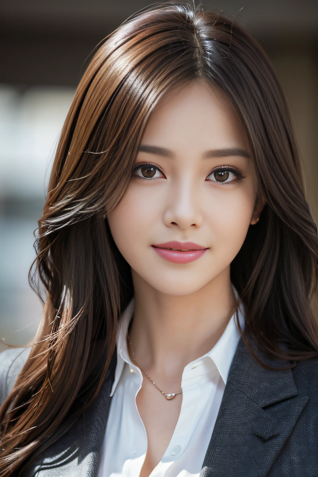 masutepiece, Best Quality, Photorealistic, Ultra-detailed, finely detail, High resolution, 8K Wallpaper, 1 beautiful woman,, light brown messy hair, in a business suit, foco nítido, Perfect dynamic composition, Beautiful detailed eyes, detailed hairs, Detailed realistic skin texture, Smiling, Close-up portrait, Model body type
