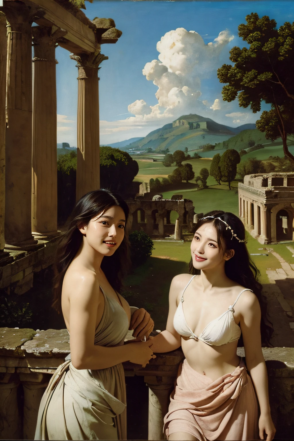 Ancient Roman ruins,Poussin-style landscape,A smile,,Sweet and seductive appearance.、Caravaggio's paintings、Chiaroscuro of Caravaggio、Hair disheveled in the wind,Two women frolicking,Cute smile, Expression of ecstasy,A sexy,Erotic