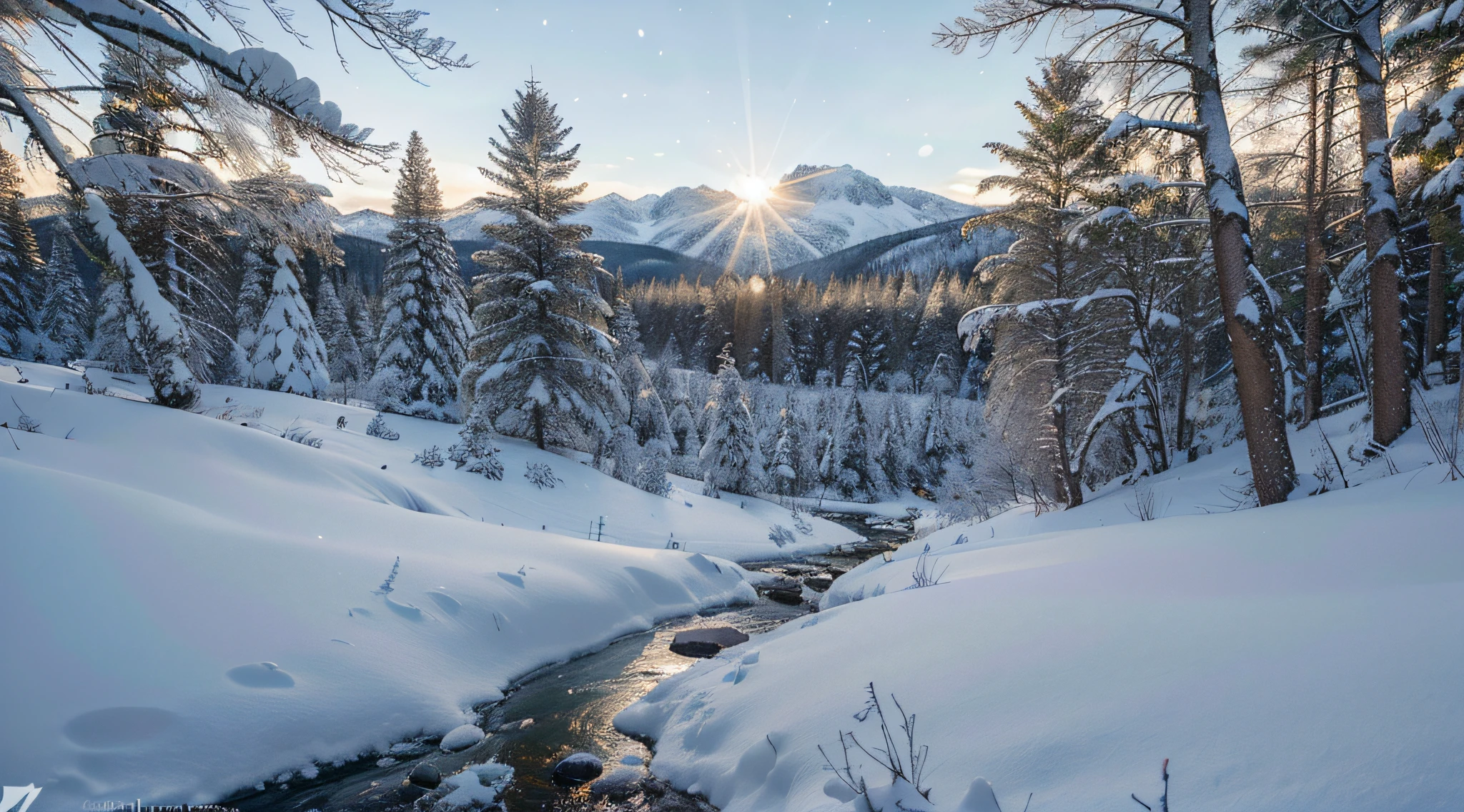 uma floresta coberta de neve,em uma cena de floresta nevada,winter wonderland,paisagem serena de neve,pinheiros cobertos de neve,floresta densa coberta de branco,peaceful snowy woods,snowflakes gently falling on the trees,ar frio e fresco do inverno,galhos gelados brilhando ao sol,soft blanket of snow covering the ground,atmosfera silenciosa e tranquila,tons sutis de azul e branco,Soft sunlight filtering through the trees,riacho congelado serpenteando pela floresta,majestosas montanhas cobertas de neve ao longe,rastros deixados por animais na neve,pequenas criaturas da floresta correndo,heat coming from a distant cabin chimney