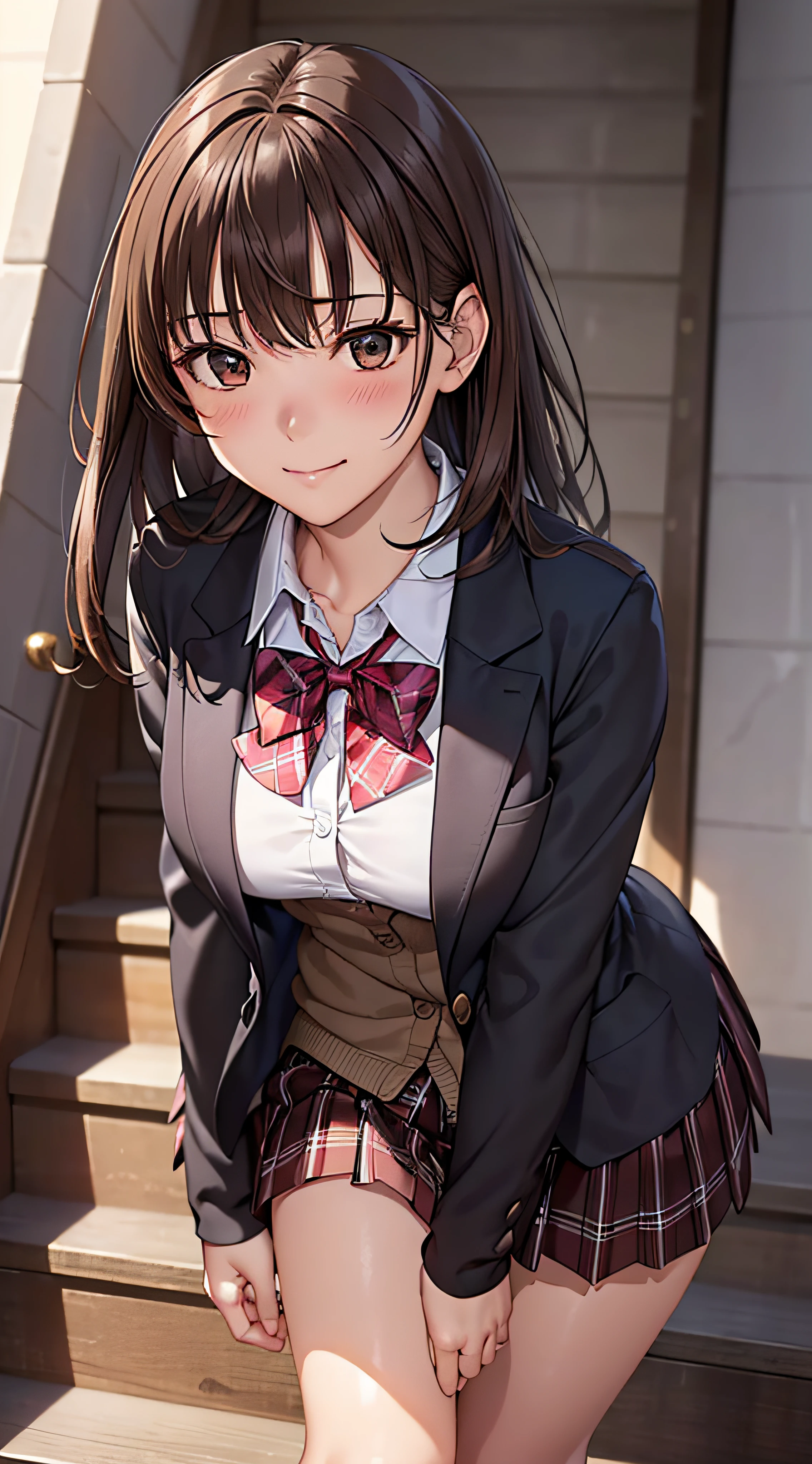 ((masutepiece, Best Quality, hight resolution, nffsw, Perfect Pixel, 4K, nffsw, nffsw))), 1girl in, Single, Solo, Beautie、full body seen、 ((Middle Wave Hair, Bangs, Brown hair)), ((Brown-eyed, Beautiful eyelashes, Realistic eyes)), ((Detailed face, Blushing:1.2)), ((Smooth texture:0.75, Realistic texture:0.65, Photorealistic:1.1, Anime CG style)), medium breasts, Dynamic Angle, Perfect body, ((red bowtie, School uniform, Black jacket, Open jacket, Brown cardigan, White shirt, Black skirt, plaid skirts)), City staircase、Looking up from the bottom of the stairs、Very embarrassing panic smile, turned around、Leaning forward heavily、(The wind flipped my skirt and exposed my butt...............................、Touching the buttocks with both hands、opens legs、Pink floral lace panties)、